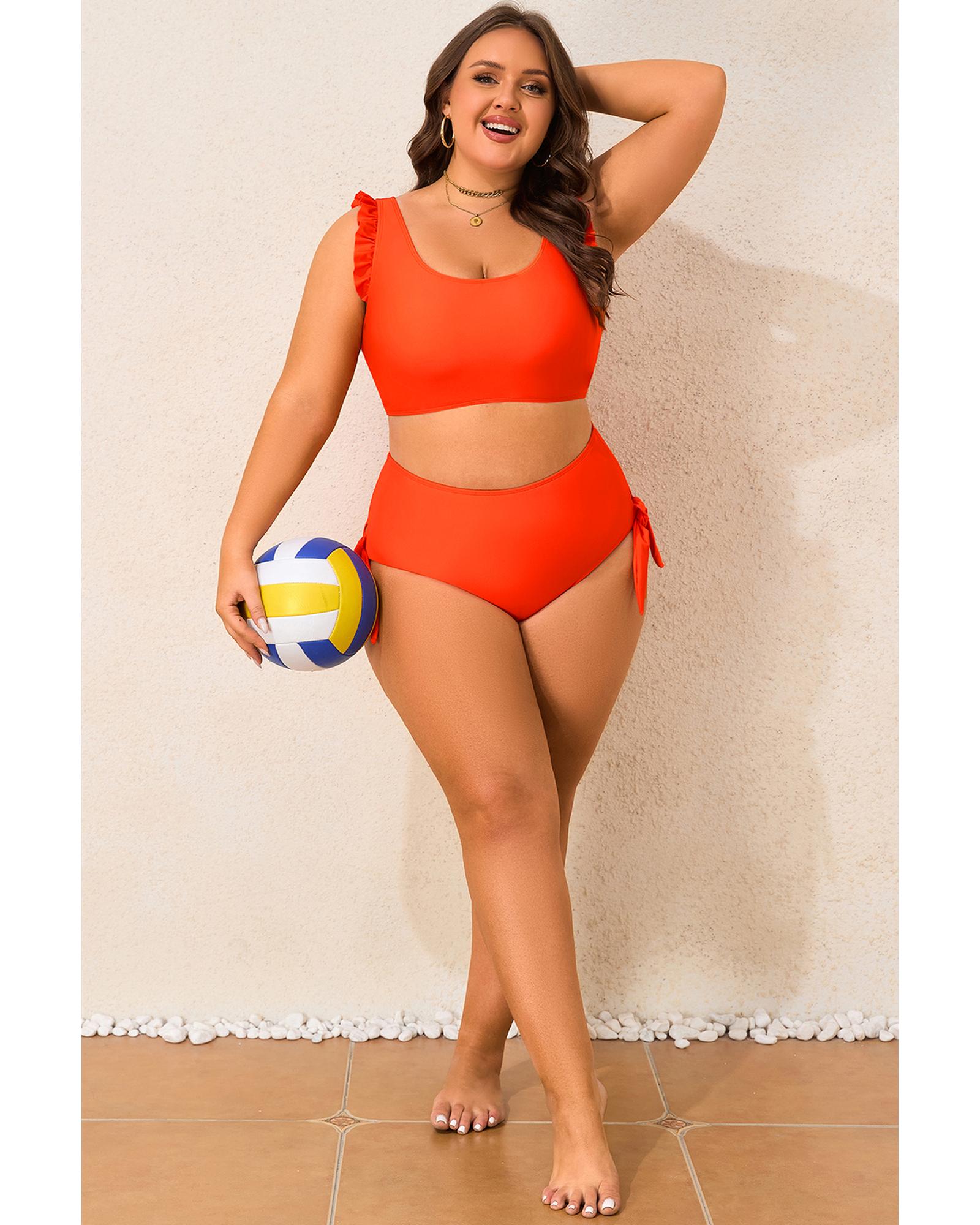Orange Ruffled Trim Knotted High Waist Plus Size Bikini Set - 2X 6