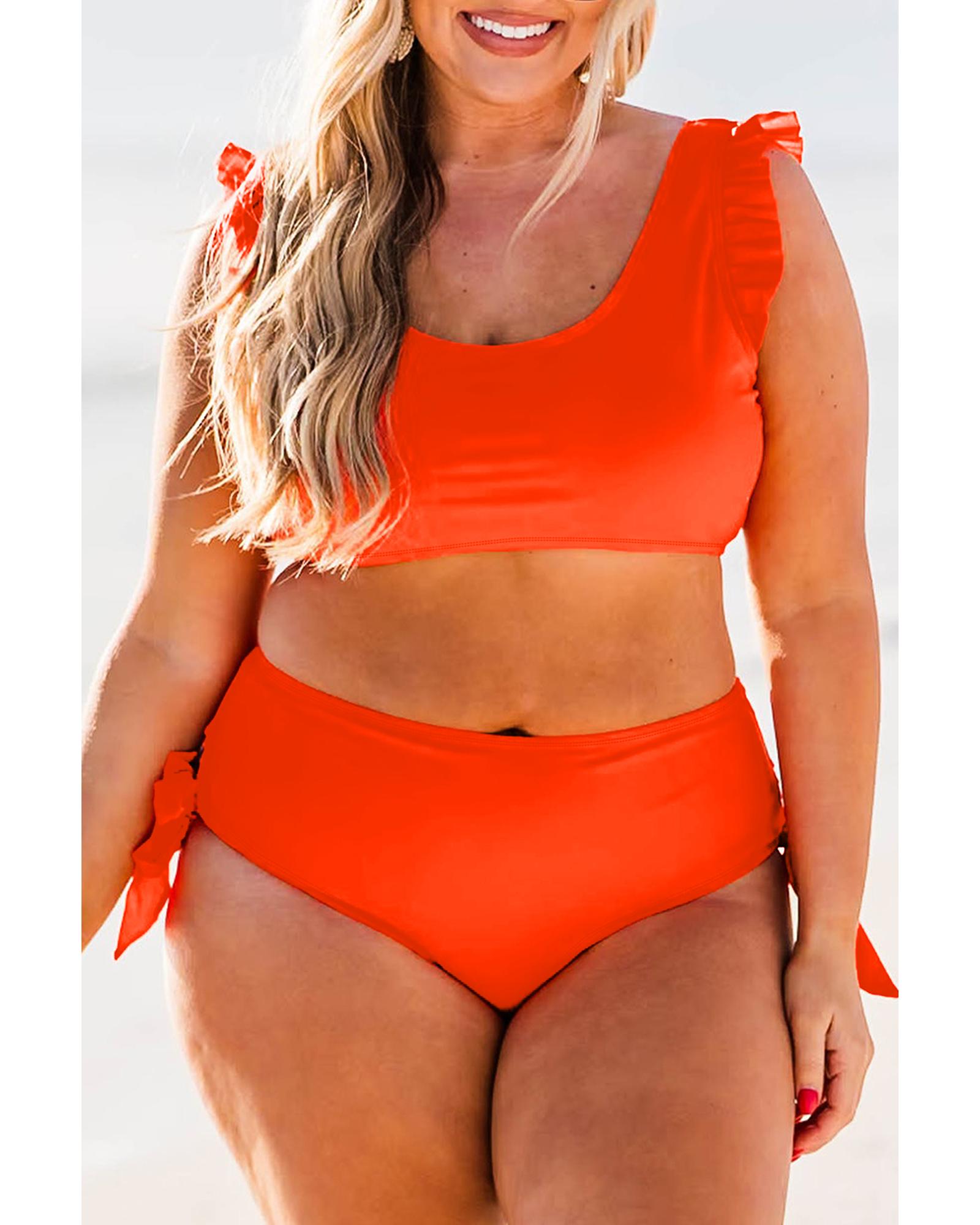 Orange Ruffled Trim Knotted High Waist Plus Size Bikini Set - 2X 8
