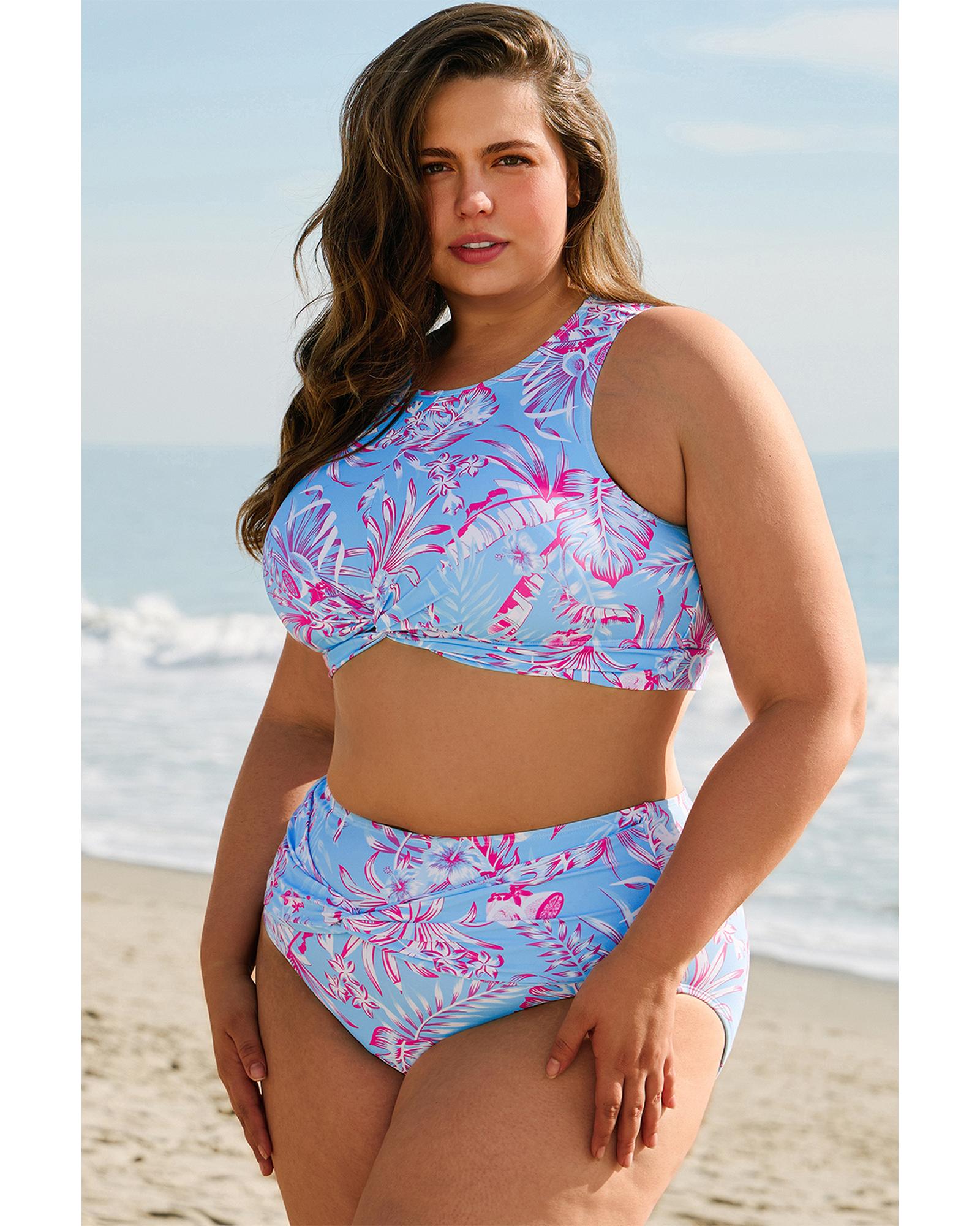 Sky Blue Plus Size Floral Print Twisted High Waist Bikini Set - 1X 3