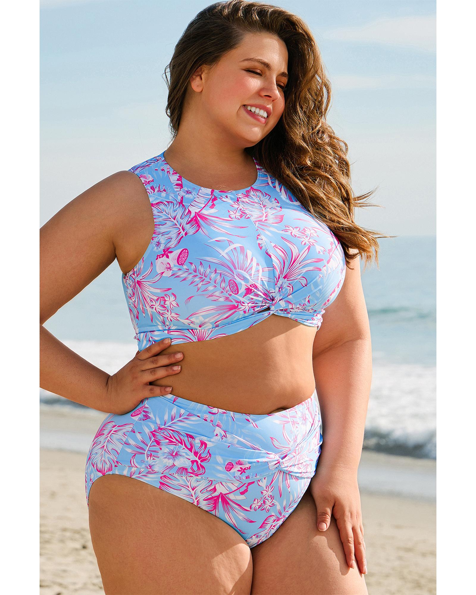 Sky Blue Plus Size Floral Print Twisted High Waist Bikini Set - 1X 7