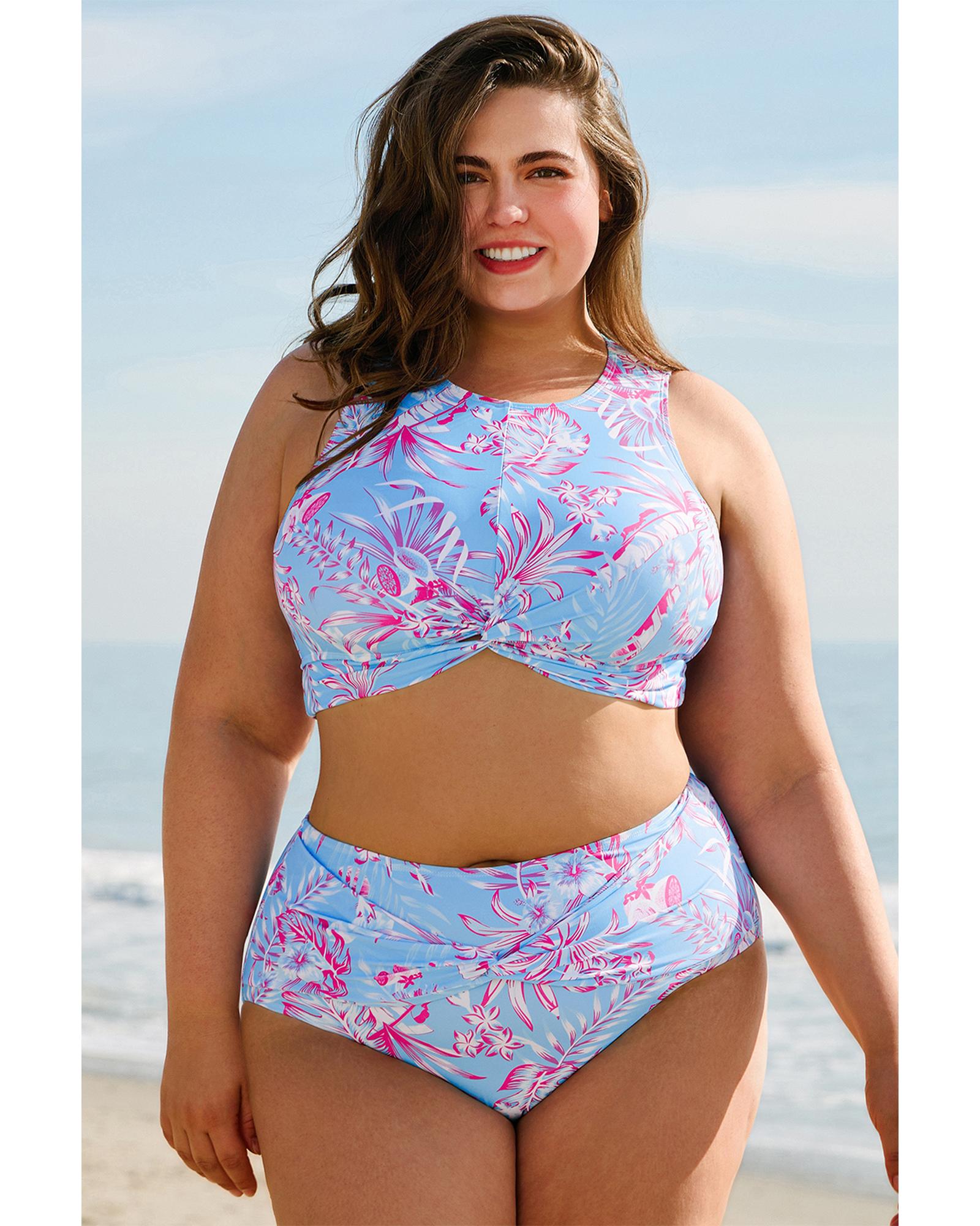 Sky Blue Plus Size Floral Print Twisted High Waist Bikini Set - 1X 8