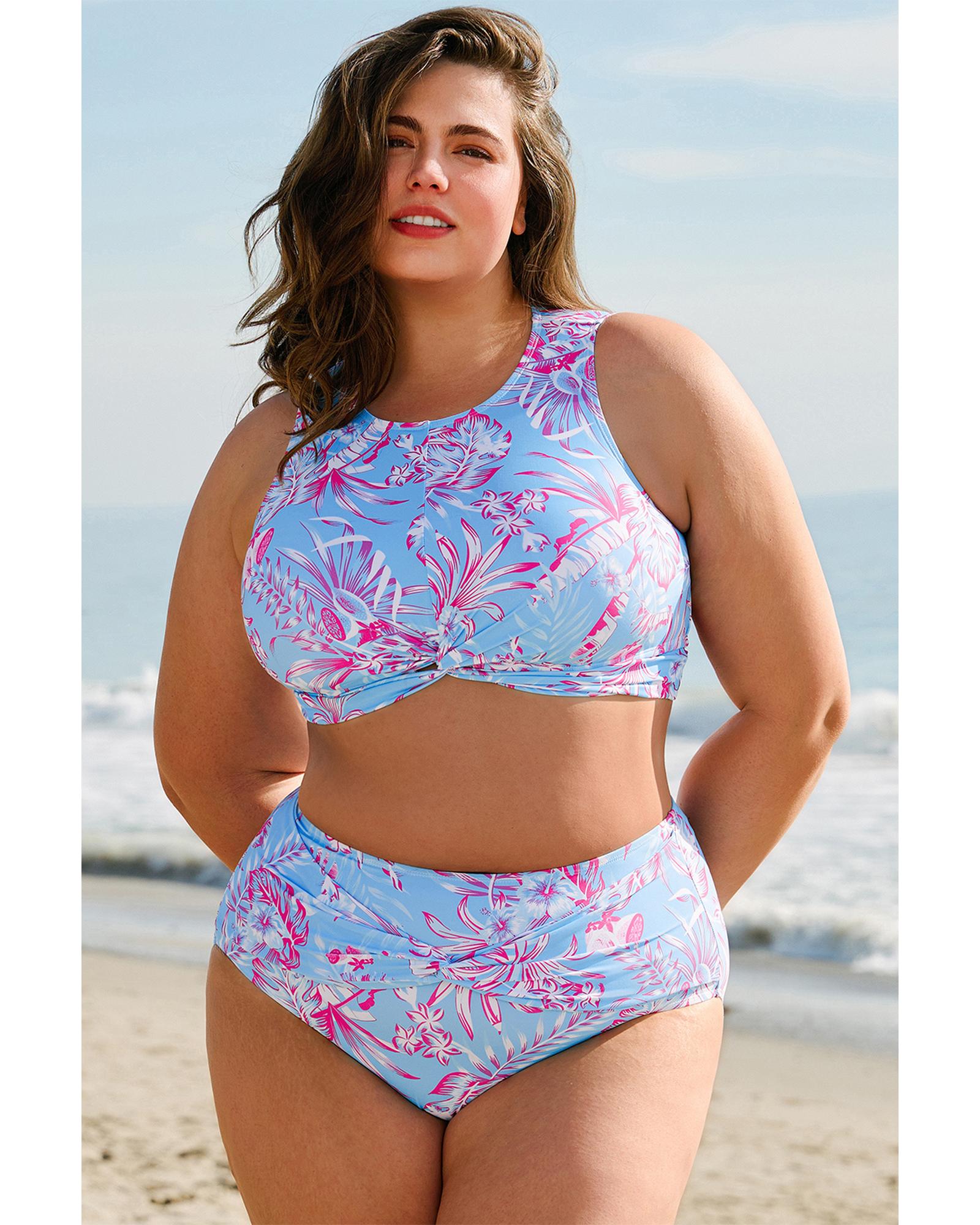 Sky Blue Plus Size Floral Print Twisted High Waist Bikini Set - 3X 6