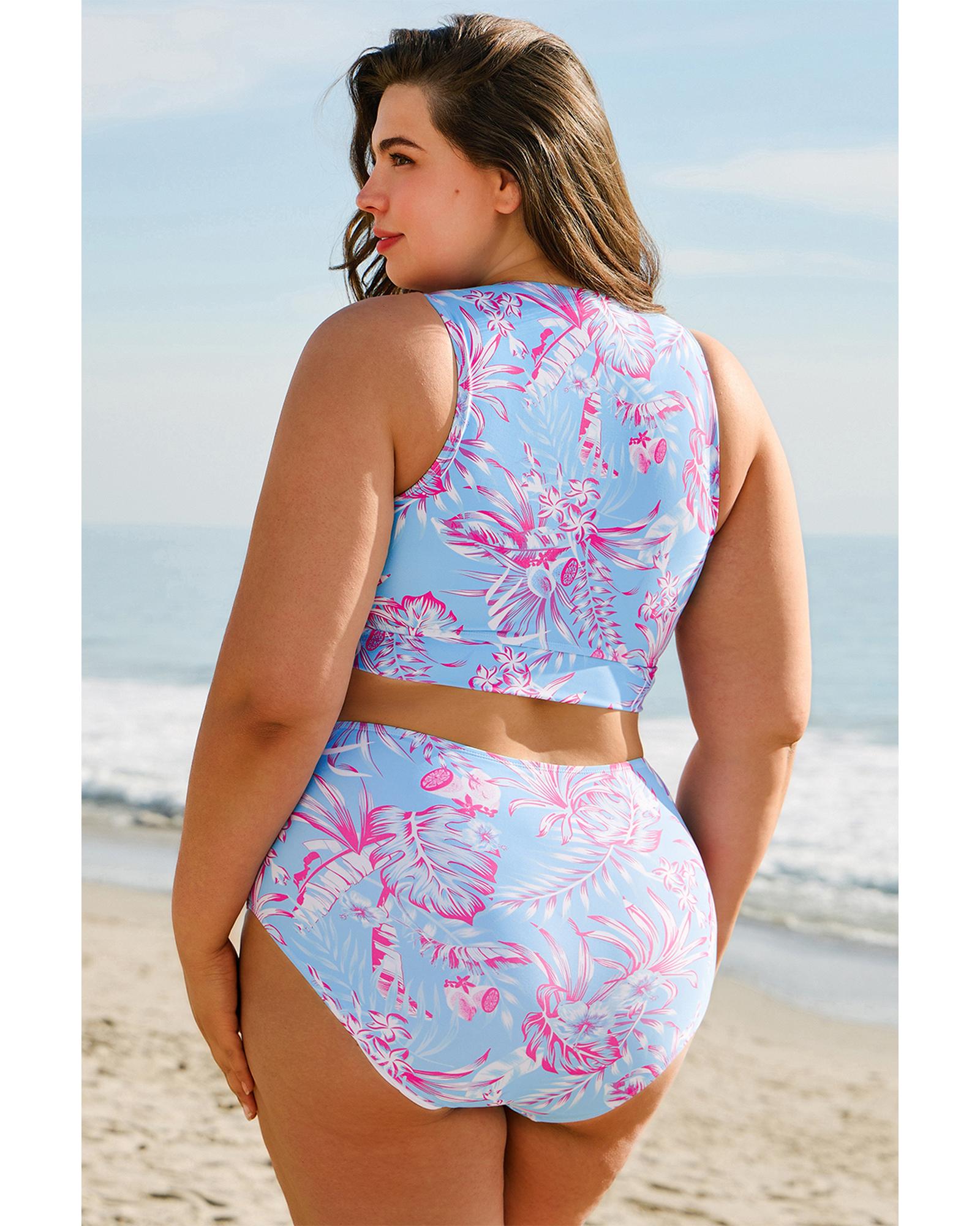 Sky Blue Plus Size Floral Print Twisted High Waist Bikini Set - 4X