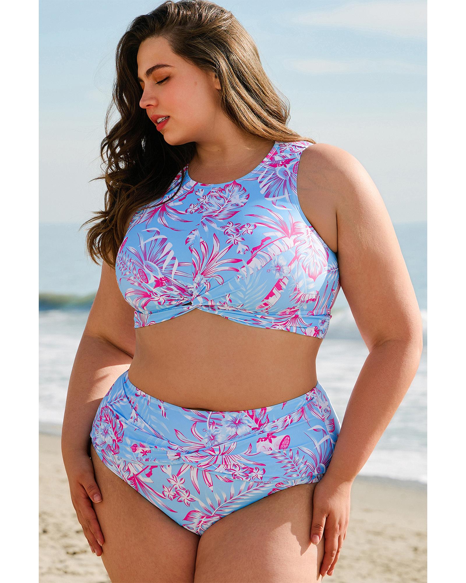 Sky Blue Plus Size Floral Print Twisted High Waist Bikini Set - 4X 4
