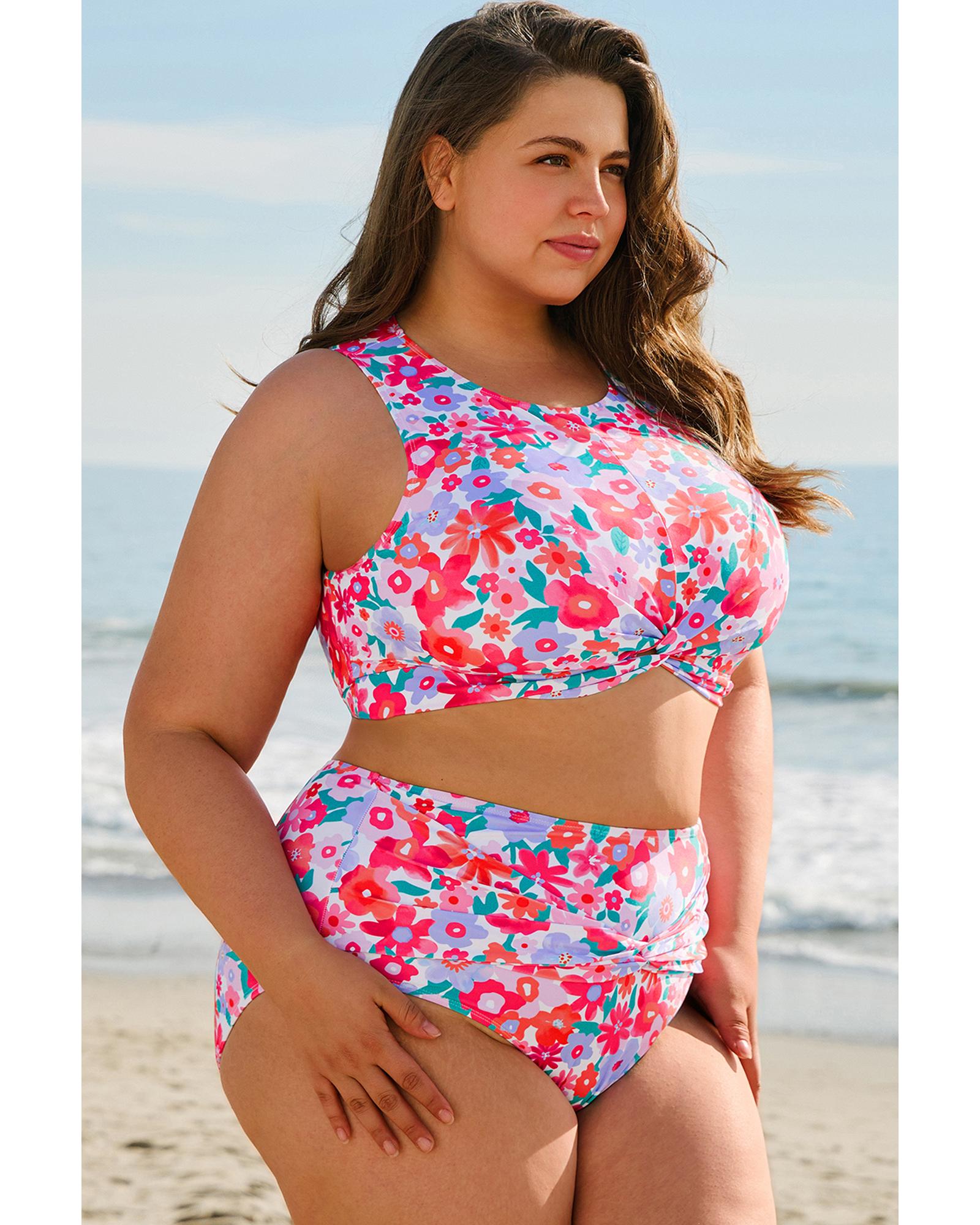 Rose Plus Size Floral Print Twisted High Waist Bikini Set - 1X 3