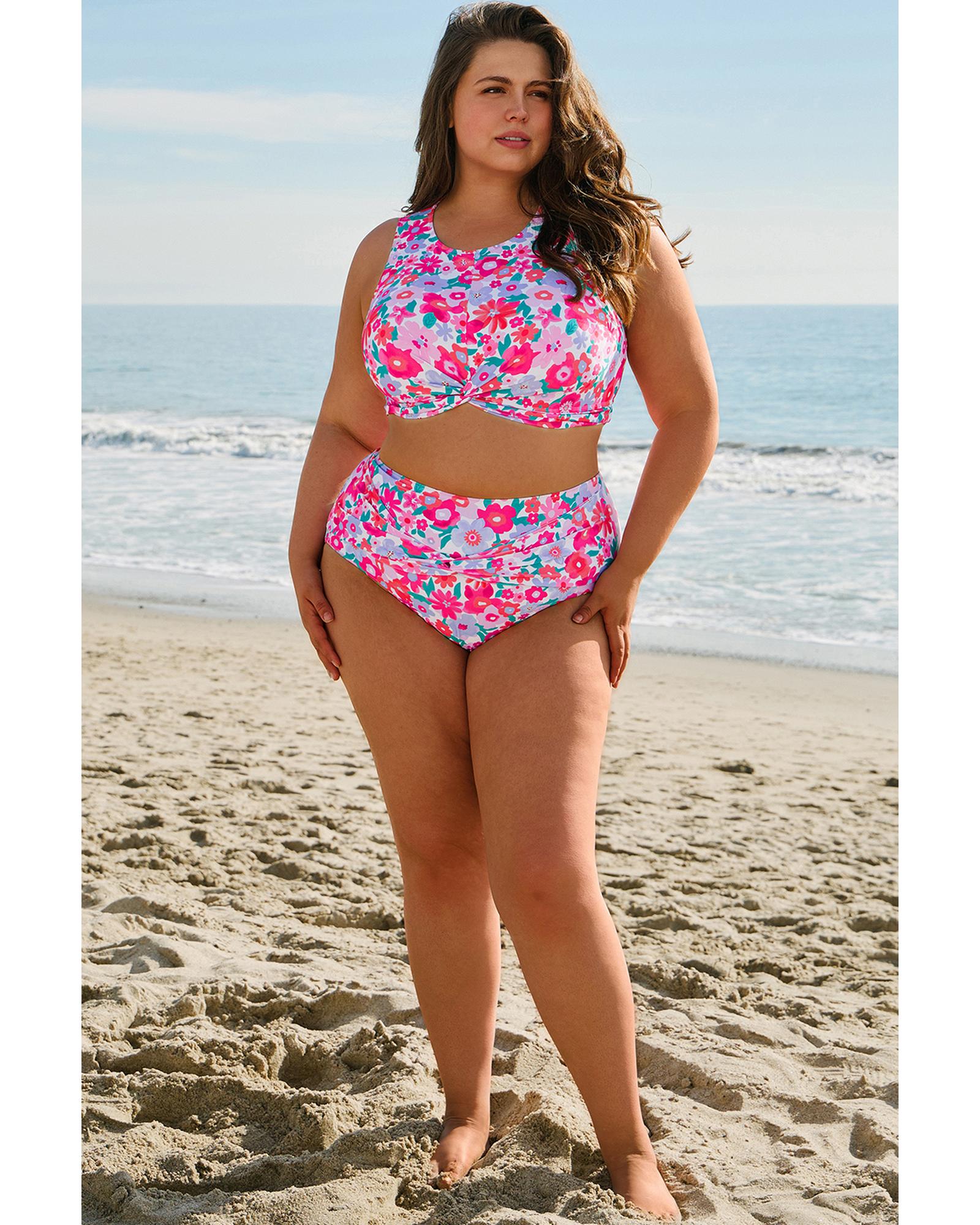 Rose Plus Size Floral Print Twisted High Waist Bikini Set - 1X 5