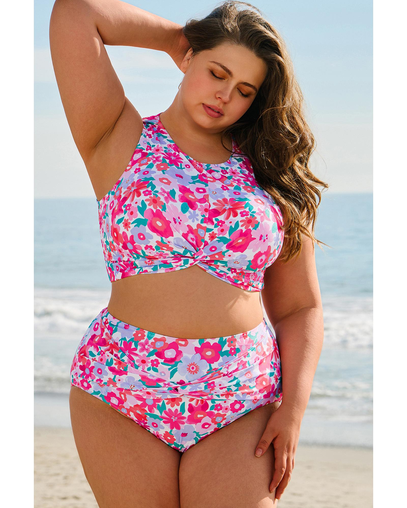 Rose Plus Size Floral Print Twisted High Waist Bikini Set - 1X 7