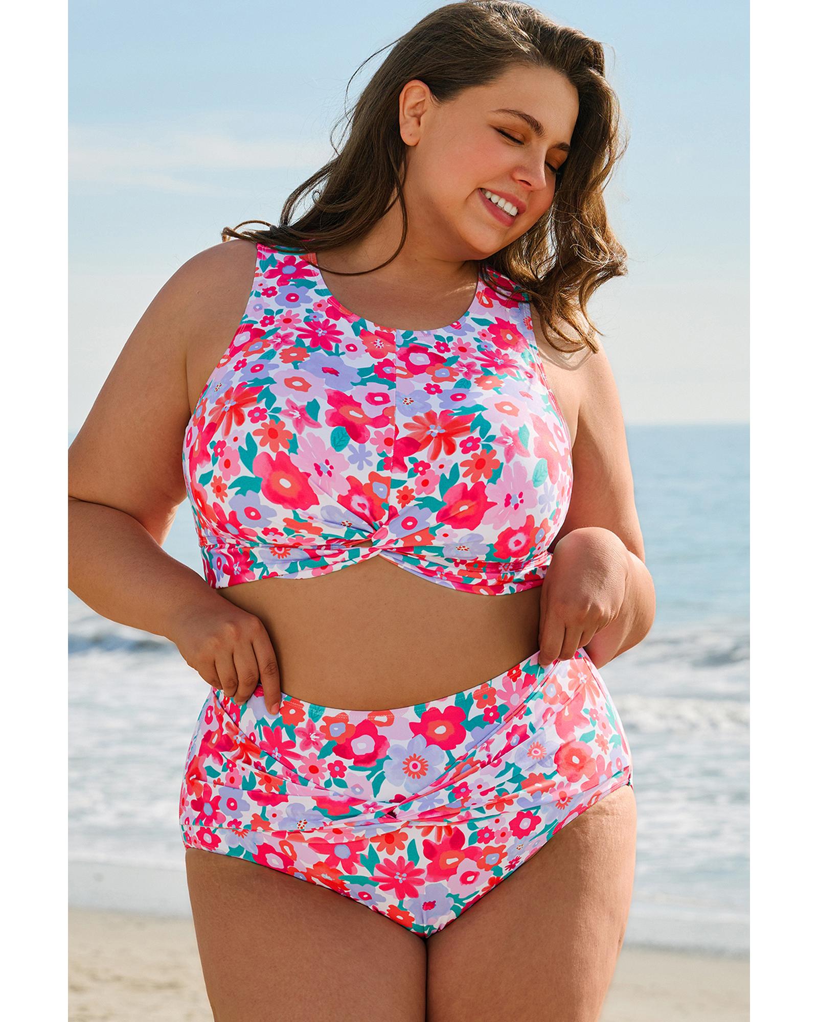 Rose Plus Size Floral Print Twisted High Waist Bikini Set - 3X 6