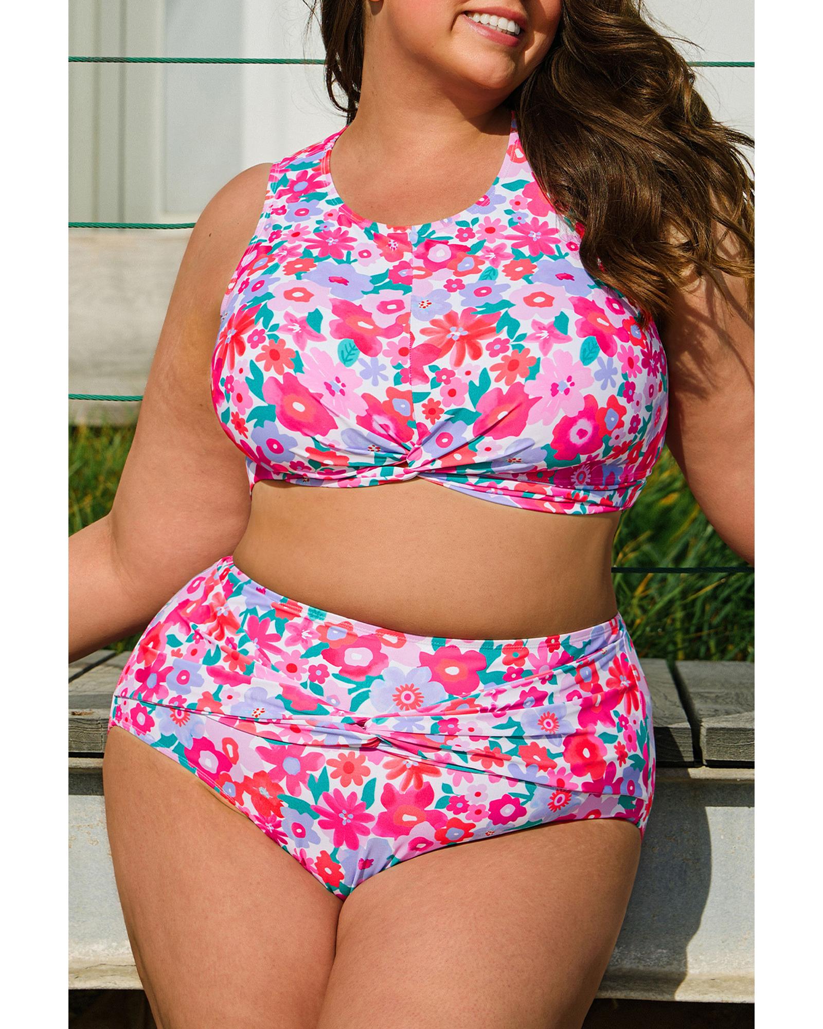 Rose Plus Size Floral Print Twisted High Waist Bikini Set - 4X 8