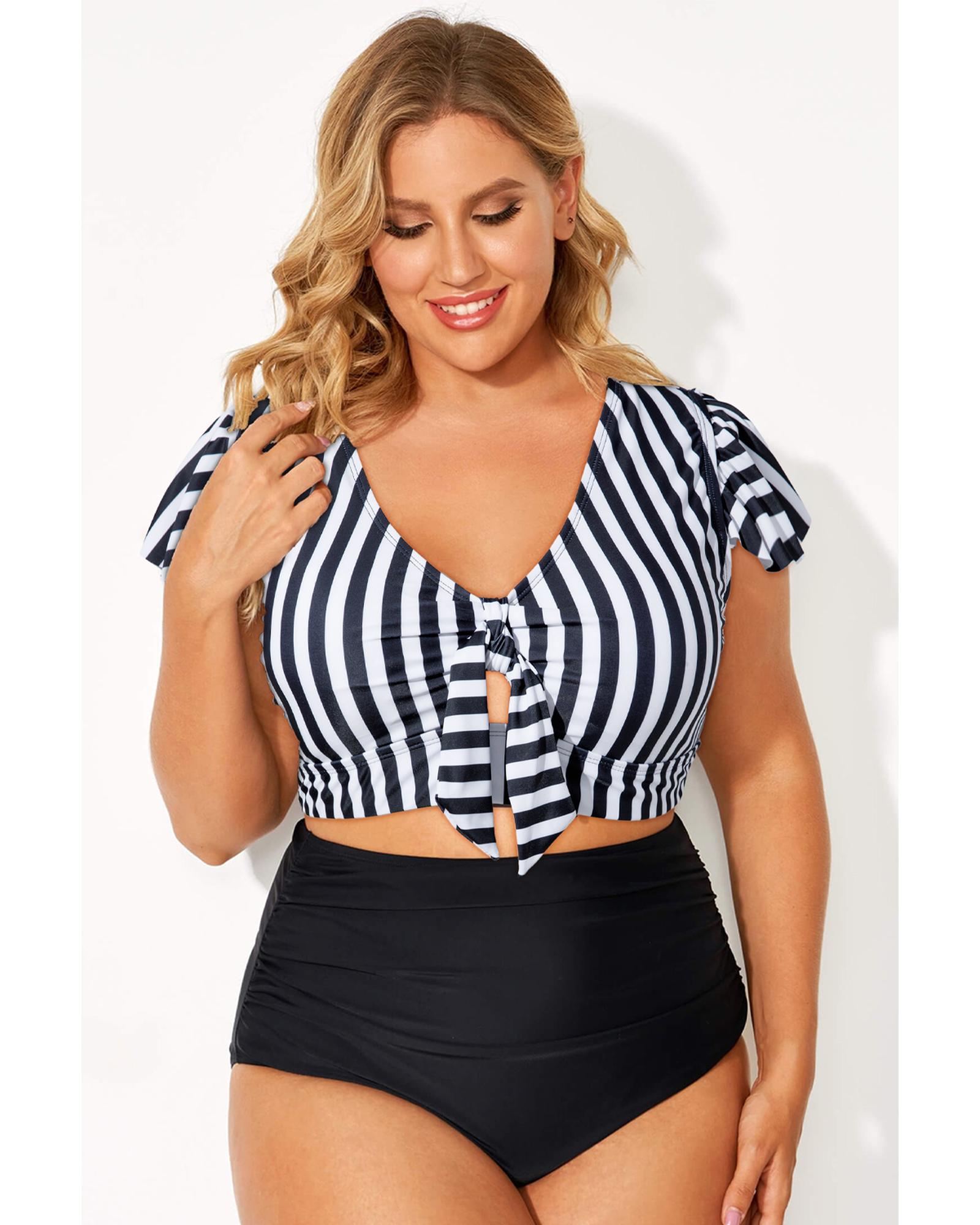 Black Stripe Plus Size Knot Cutout Ruffle Sleeve and High Waisted 2pcs Swimsuit - 1X 5