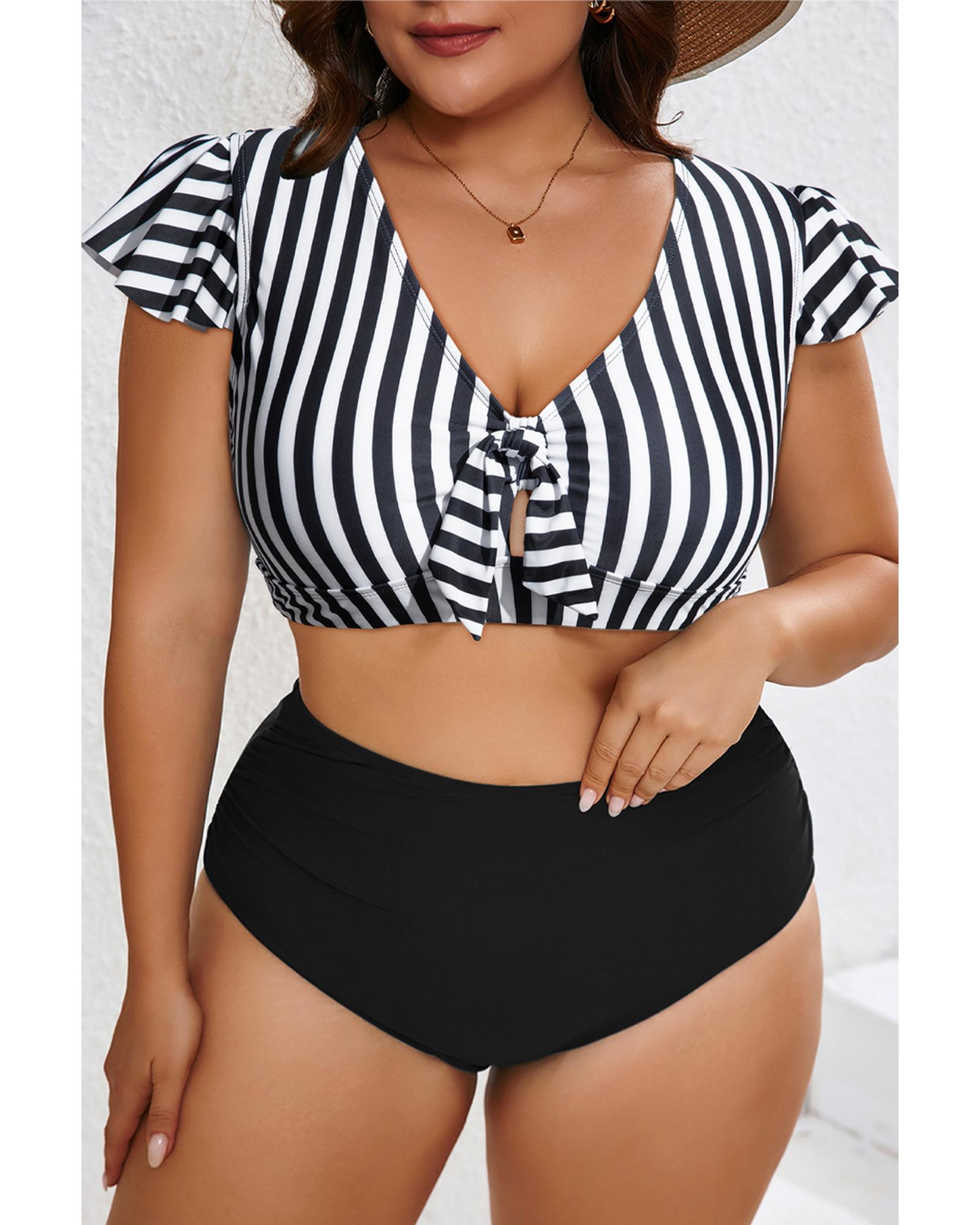 Black Stripe Plus Size Knot Cutout Ruffle Sleeve and High Waisted 2pcs Swimsuit - 4X 3