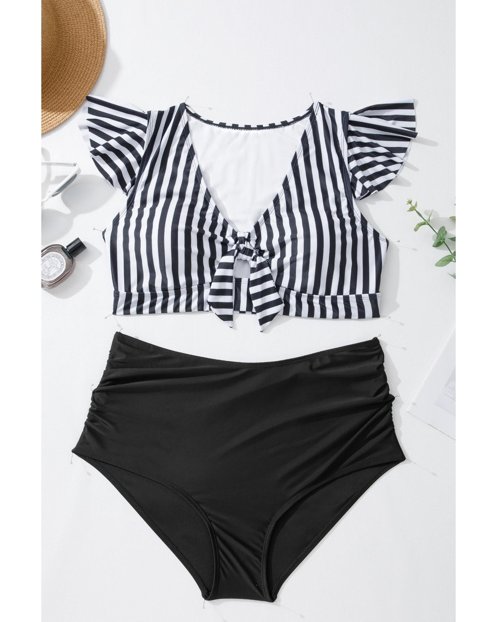 Black Stripe Plus Size Knot Cutout Ruffle Sleeve and High Waisted 2pcs Swimsuit - 4X 7