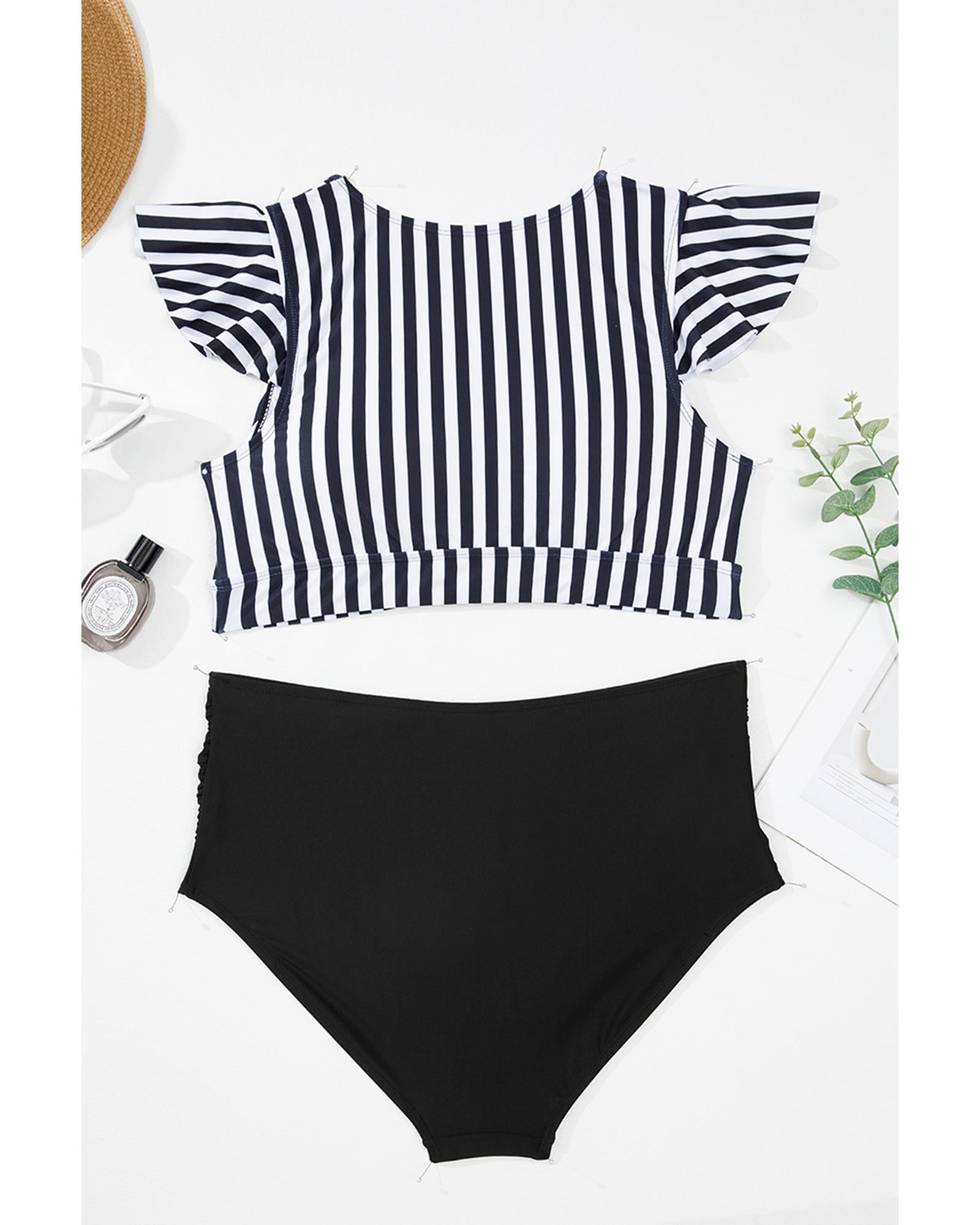 Black Stripe Plus Size Knot Cutout Ruffle Sleeve and High Waisted 2pcs Swimsuit - 4X 8