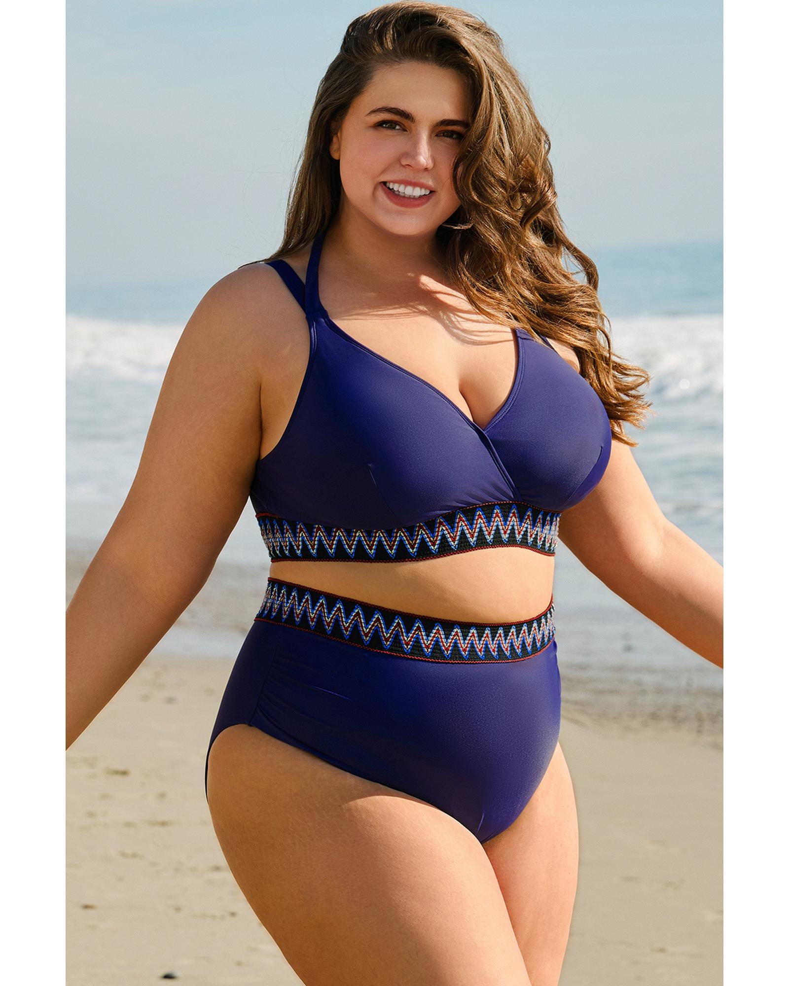 Navy Blue Embroidered Trim Wrap Tie Knot Plus Size High Waisted Bikini - 1X 4