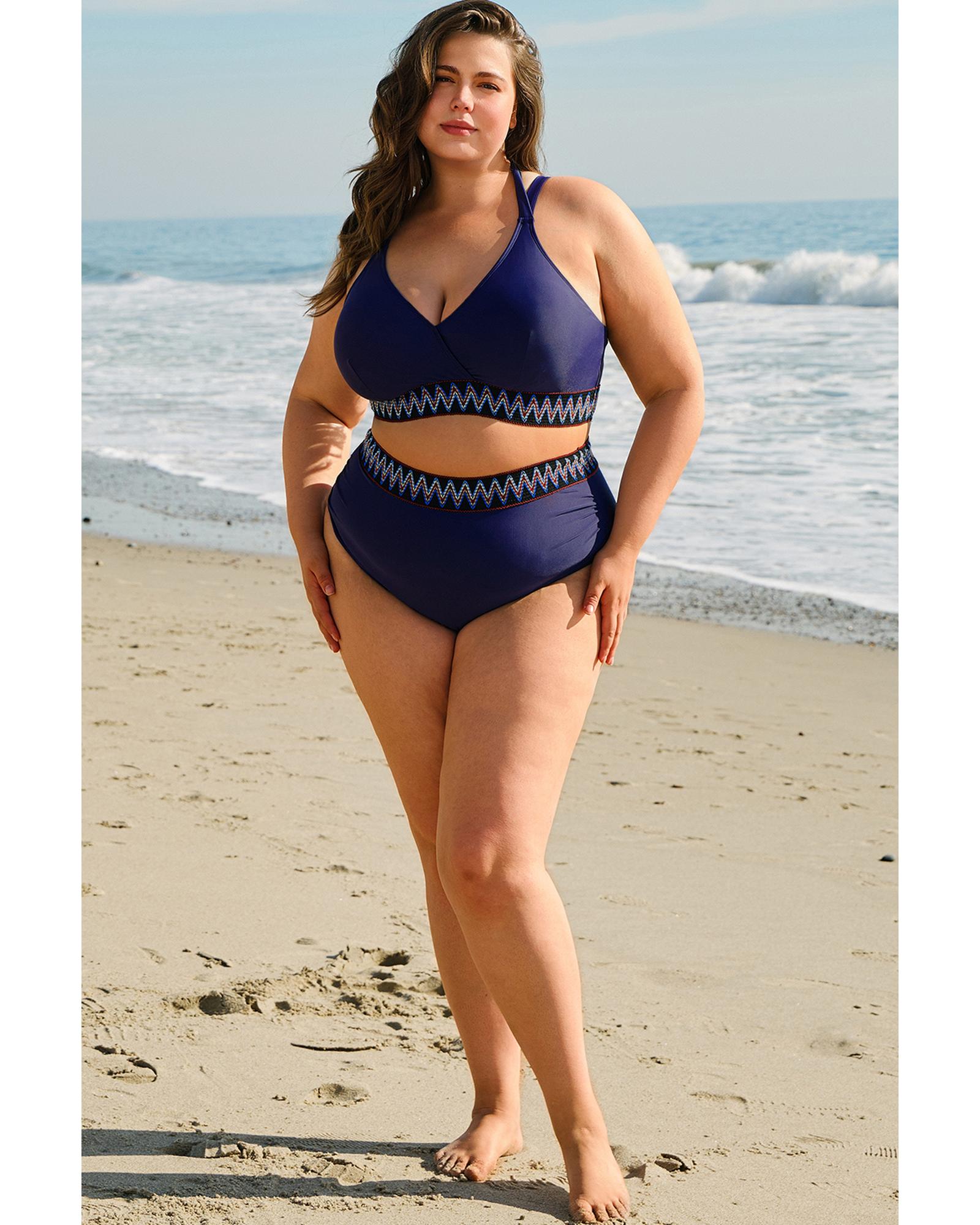 Navy Blue Embroidered Trim Wrap Tie Knot Plus Size High Waisted Bikini - 1X 7