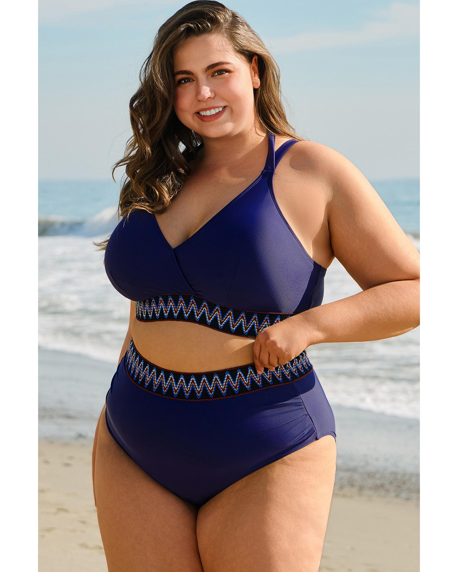 Navy Blue Embroidered Trim Wrap Tie Knot Plus Size High Waisted Bikini - 3X 3