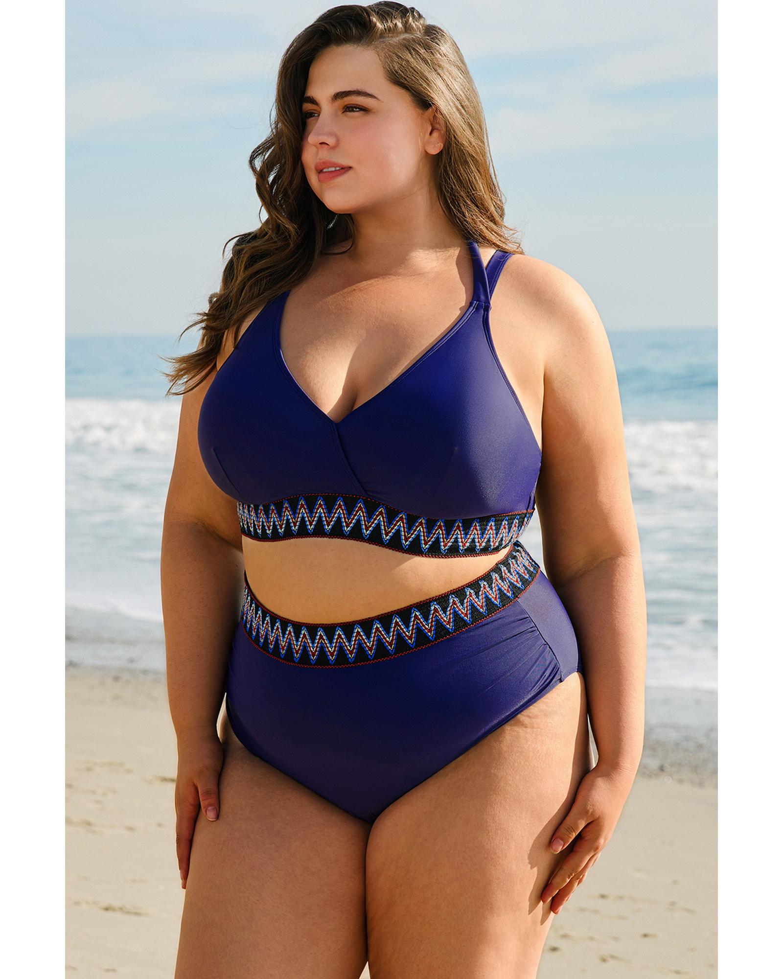 Navy Blue Embroidered Trim Wrap Tie Knot Plus Size High Waisted Bikini - 3X 5