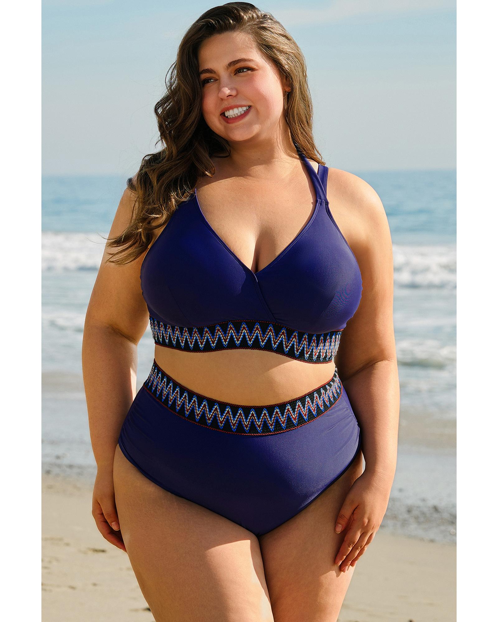 Navy Blue Embroidered Trim Wrap Tie Knot Plus Size High Waisted Bikini - 4X 5