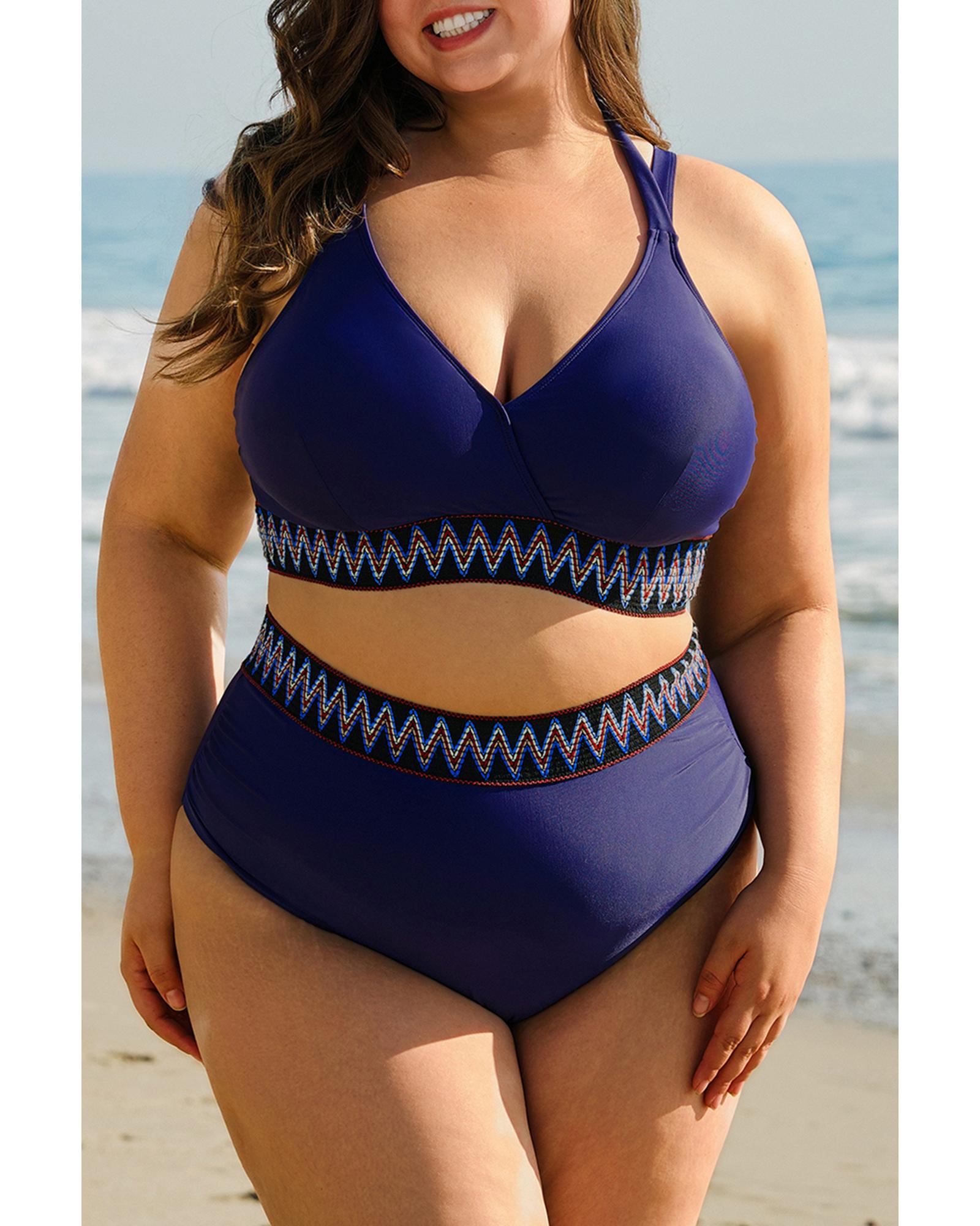 Navy Blue Embroidered Trim Wrap Tie Knot Plus Size High Waisted Bikini - 4X 7