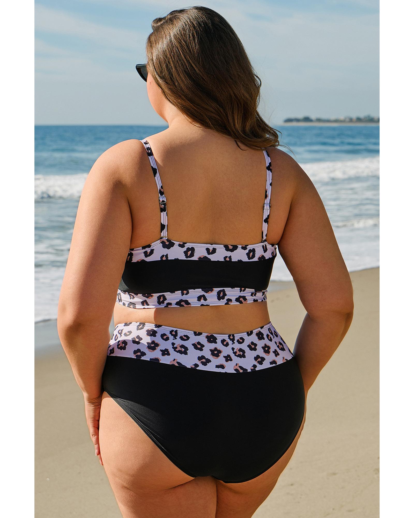 Black 2pcs Leopard Patchwork Plus Size High Waisted Swimsuit - 1X 3