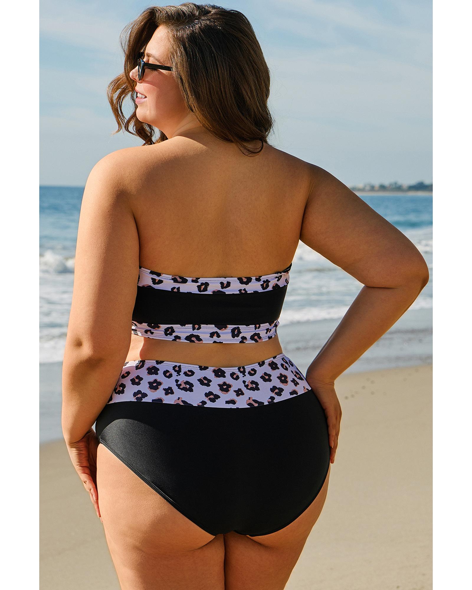 Black 2pcs Leopard Patchwork Plus Size High Waisted Swimsuit - 1X 6