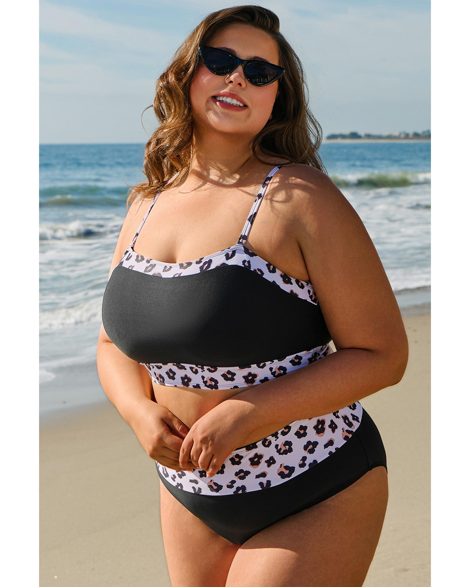 Black 2pcs Leopard Patchwork Plus Size High Waisted Swimsuit - 2X 4