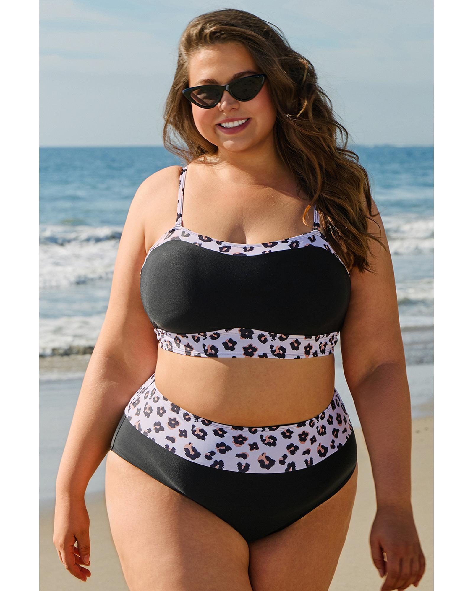 Black 2pcs Leopard Patchwork Plus Size High Waisted Swimsuit - 4X 6