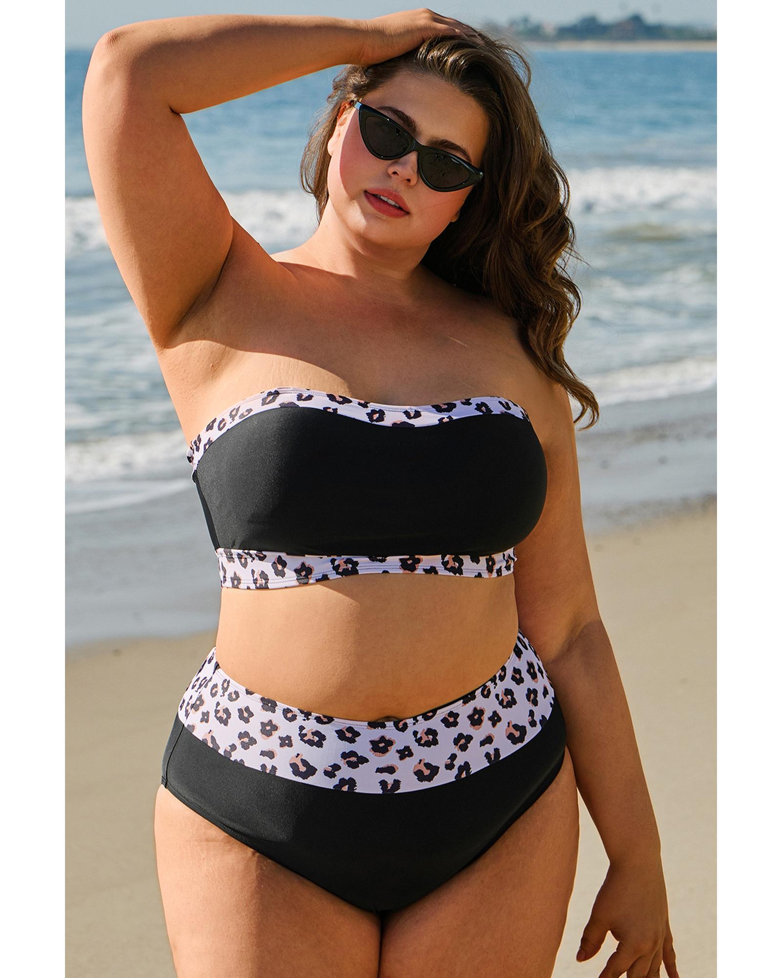 Black 2pcs Leopard Patchwork Plus Size High Waisted Swimsuit - 4X 7