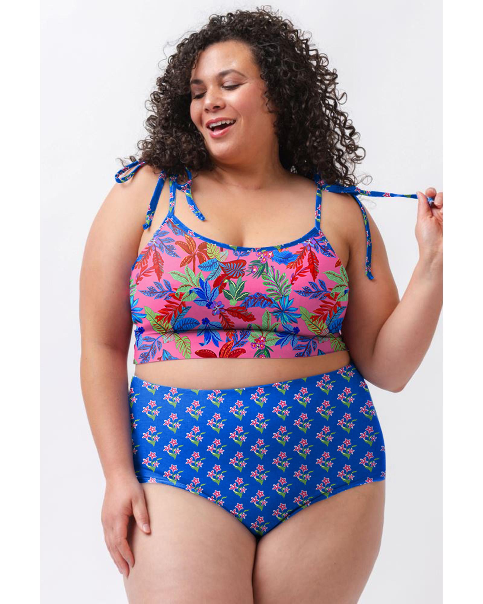 Blue Fashion Print Tied Straps Crop Vest and High Waist Plus Size Bikini - 1X 3
