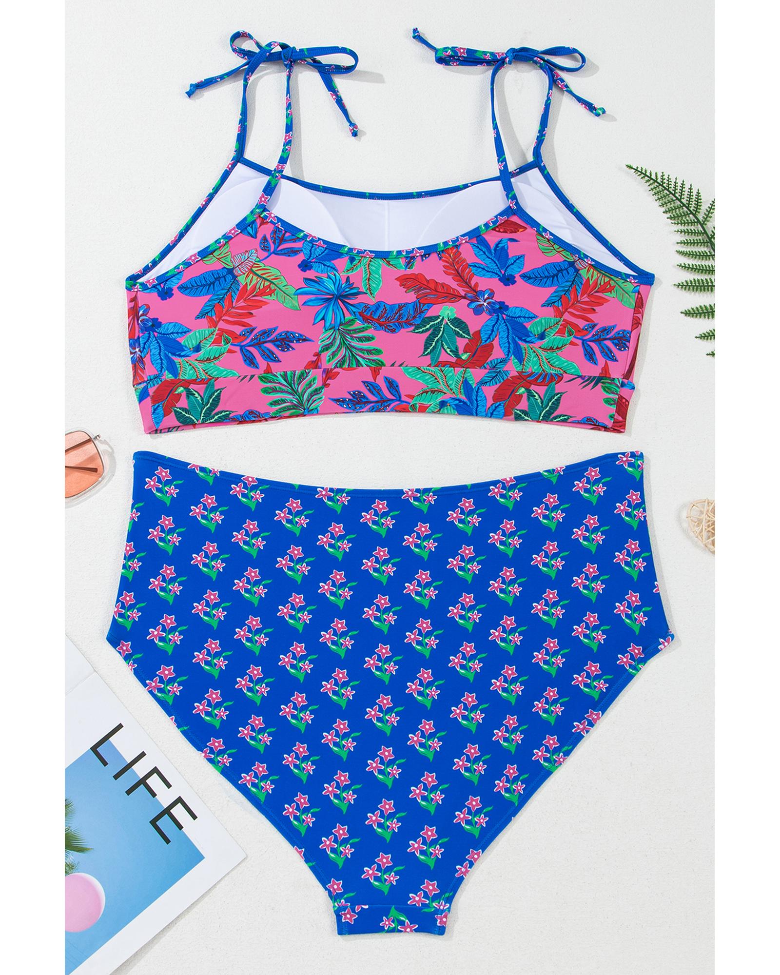 Blue Fashion Print Tied Straps Crop Vest and High Waist Plus Size Bikini - 1X 4