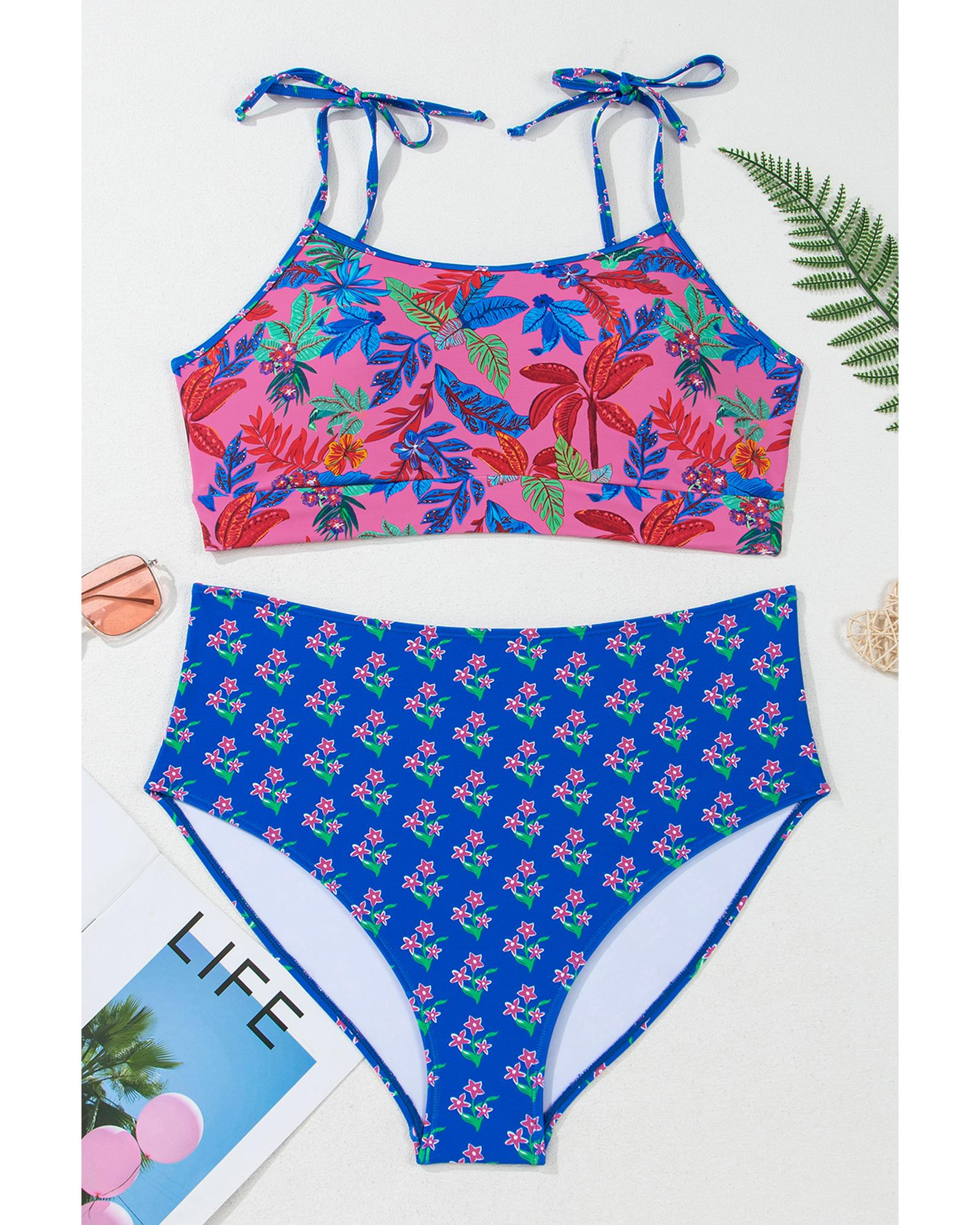 Blue Fashion Print Tied Straps Crop Vest and High Waist Plus Size Bikini - 2X 6