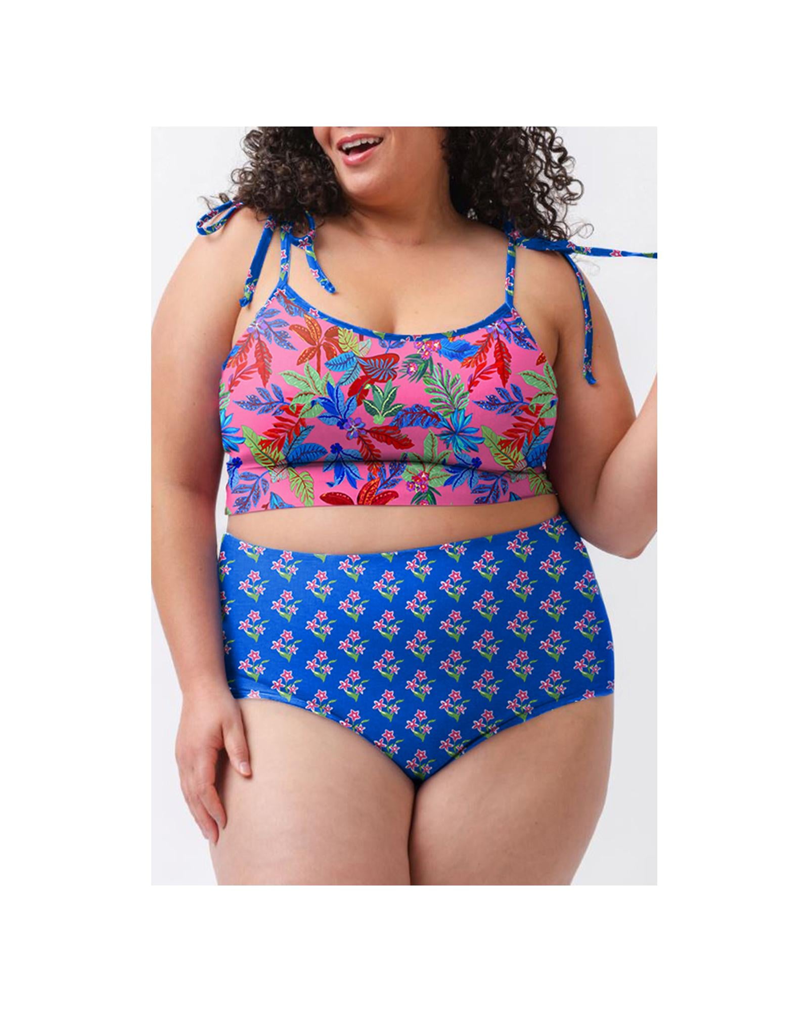 Blue Fashion Print Tied Straps Crop Vest and High Waist Plus Size Bikini - 3X
