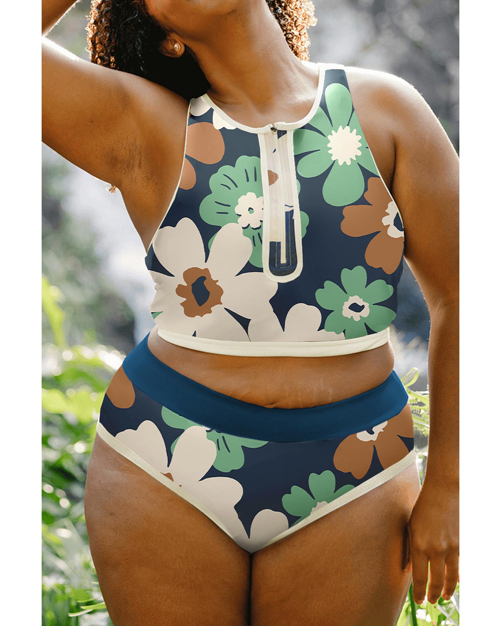 Green Floral Printed Zipped Plus Size Two Pieces Bikini - 2X 4