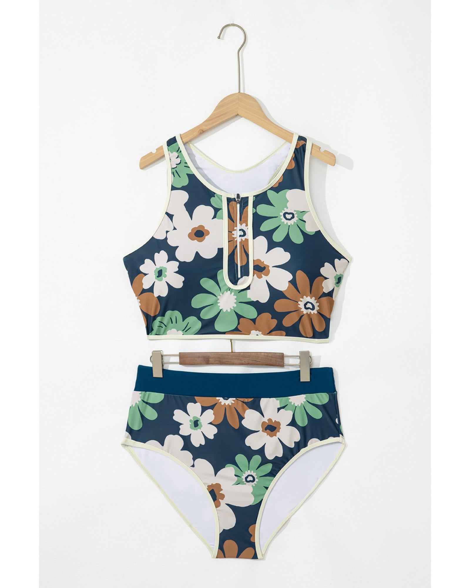 Green Floral Printed Zipped Plus Size Two Pieces Bikini - 2X 5