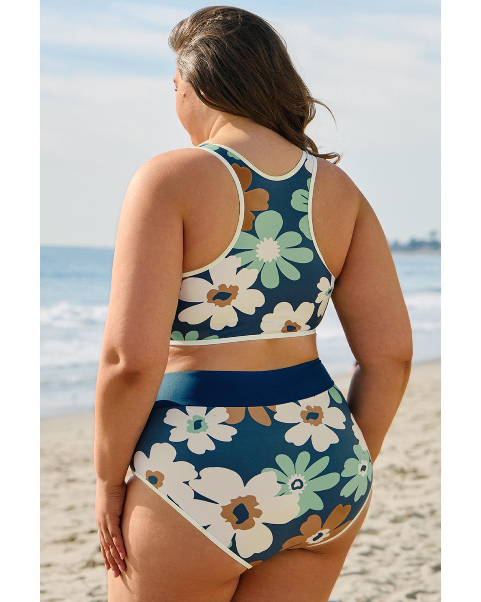Green Floral Printed Zipped Plus Size Two Pieces Bikini - 2X 7