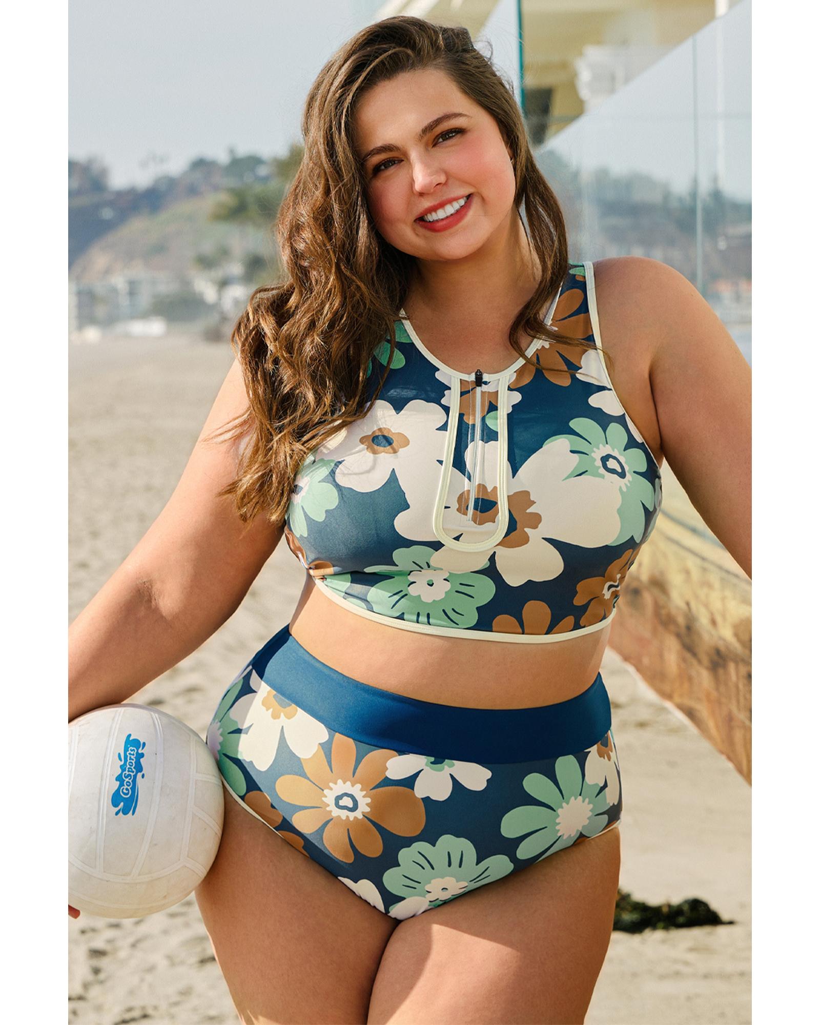 Green Floral Printed Zipped Plus Size Two Pieces Bikini - 4X 8