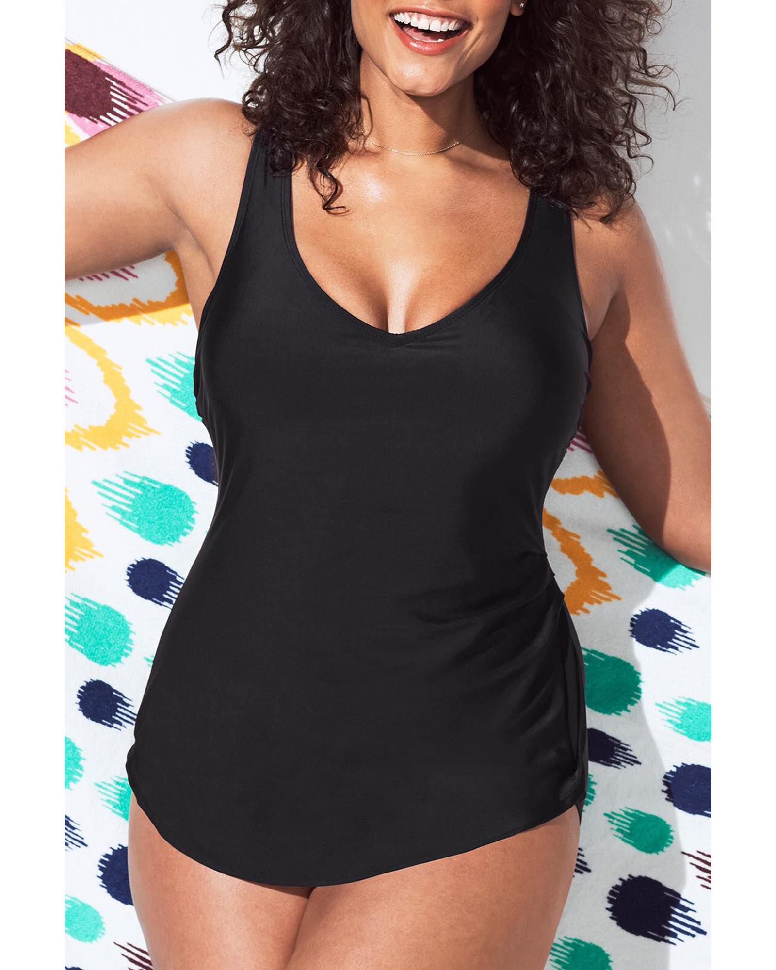 Black Solid Color U Neck Padded Plus Size One Piece Swimsuit - 3X