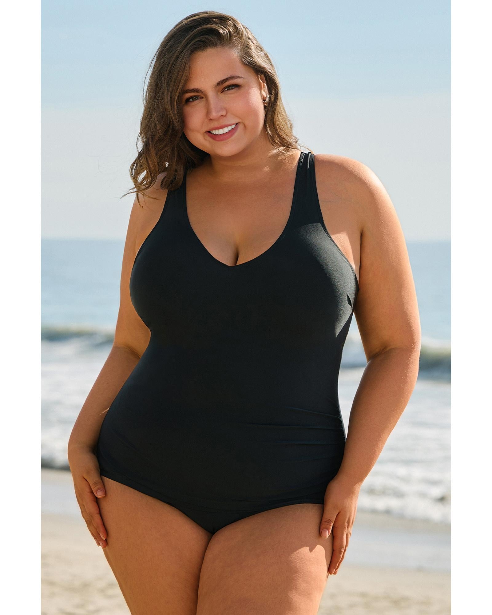 Black Solid Color U Neck Padded Plus Size One Piece Swimsuit - 3X 3
