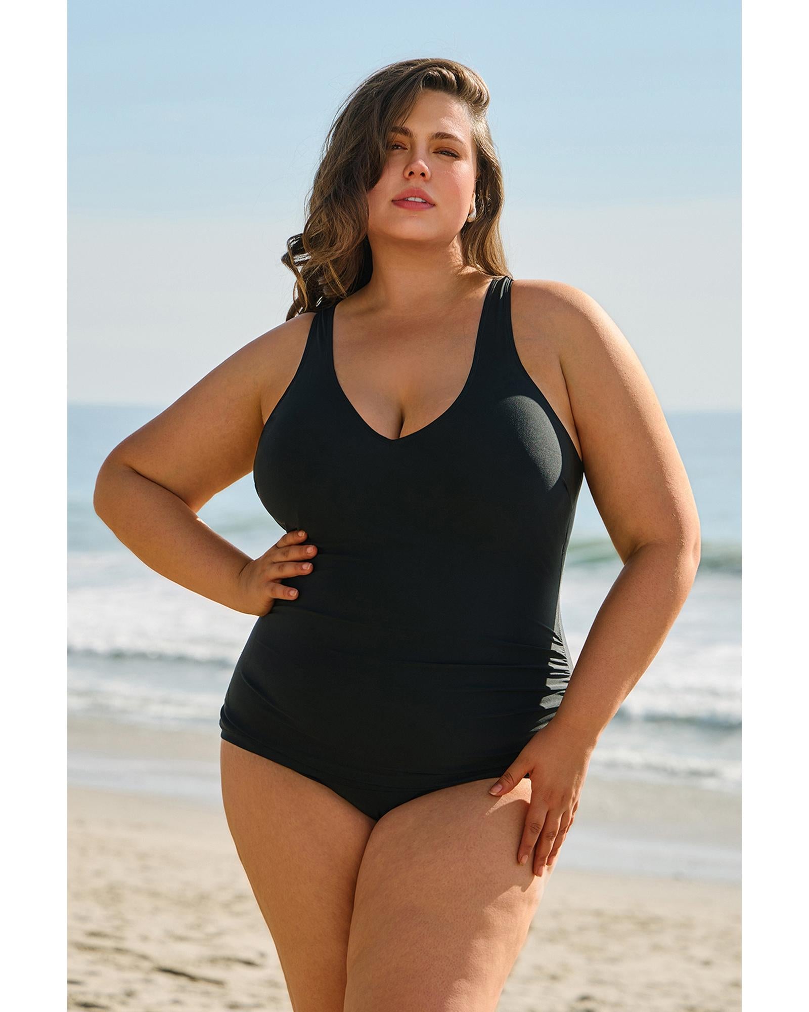 Black Solid Color U Neck Padded Plus Size One Piece Swimsuit - 3X 4