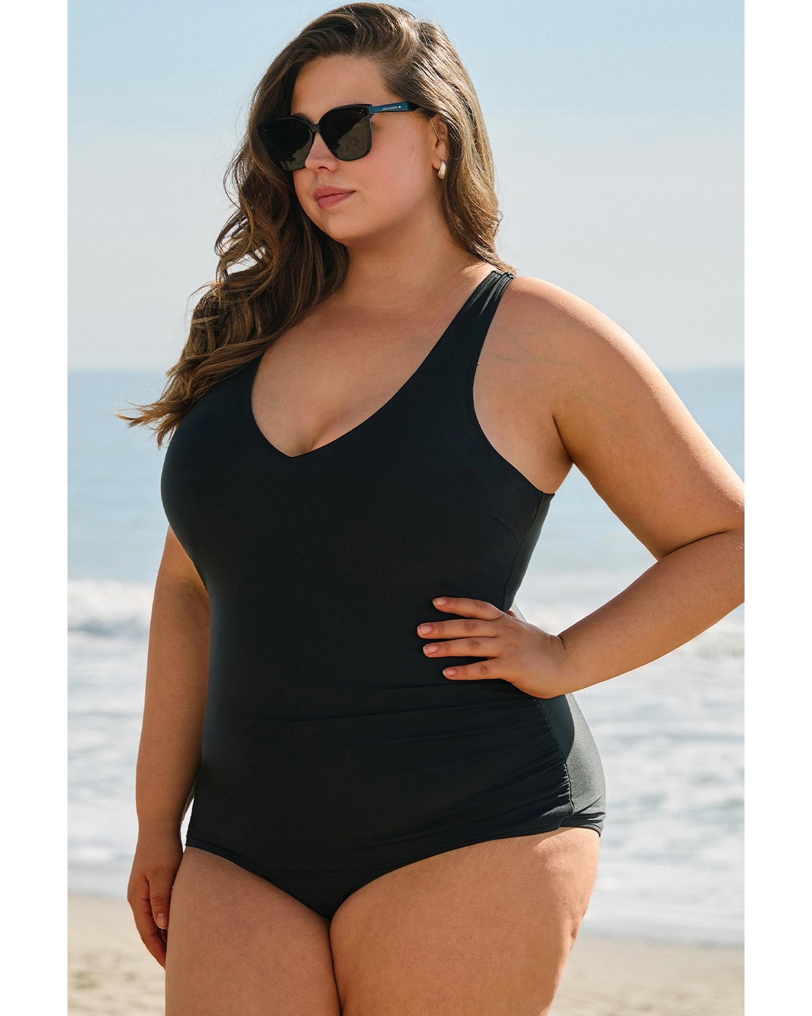 Black Solid Color U Neck Padded Plus Size One Piece Swimsuit - 3X 6