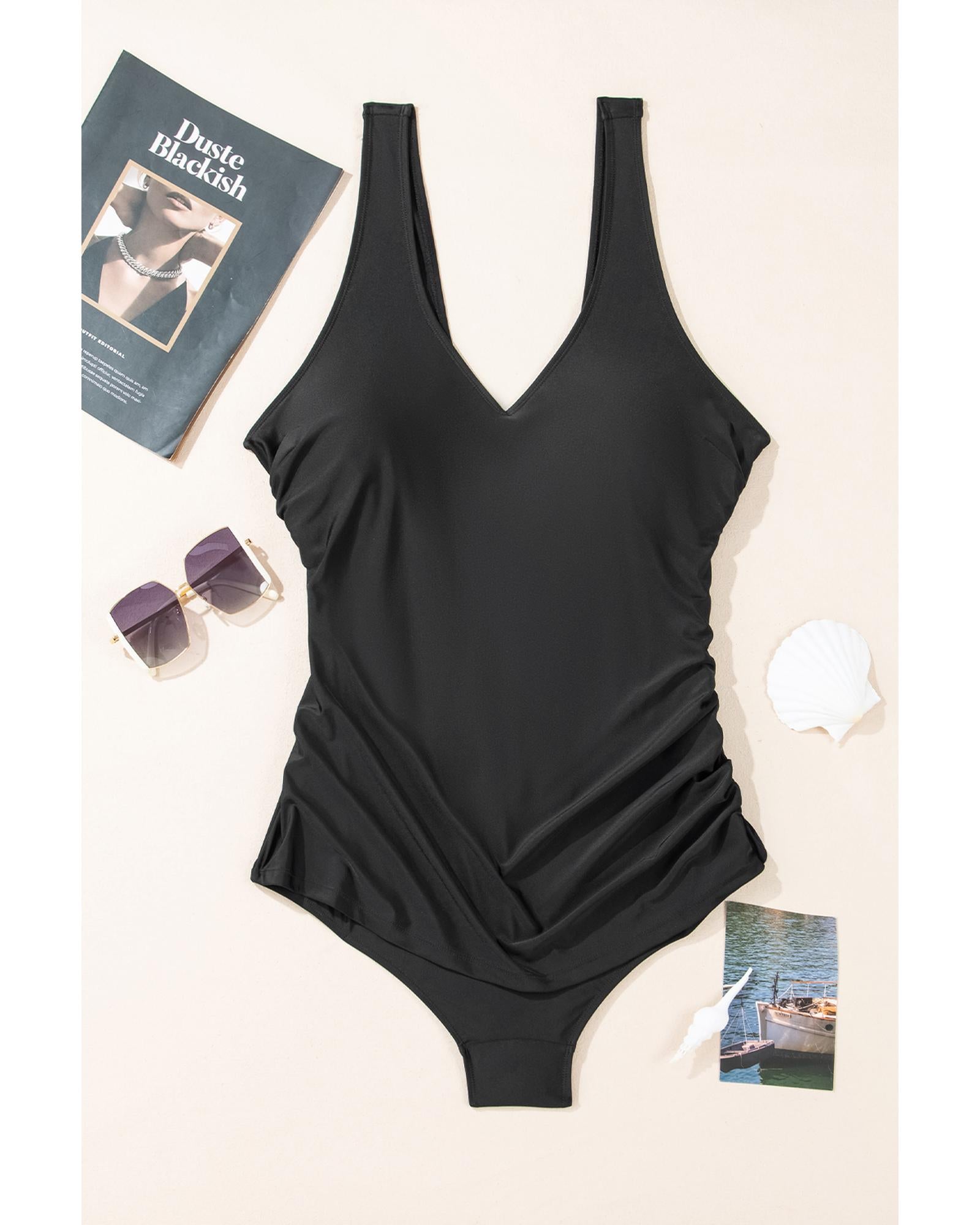 Black Solid Color U Neck Padded Plus Size One Piece Swimsuit - 3X 8