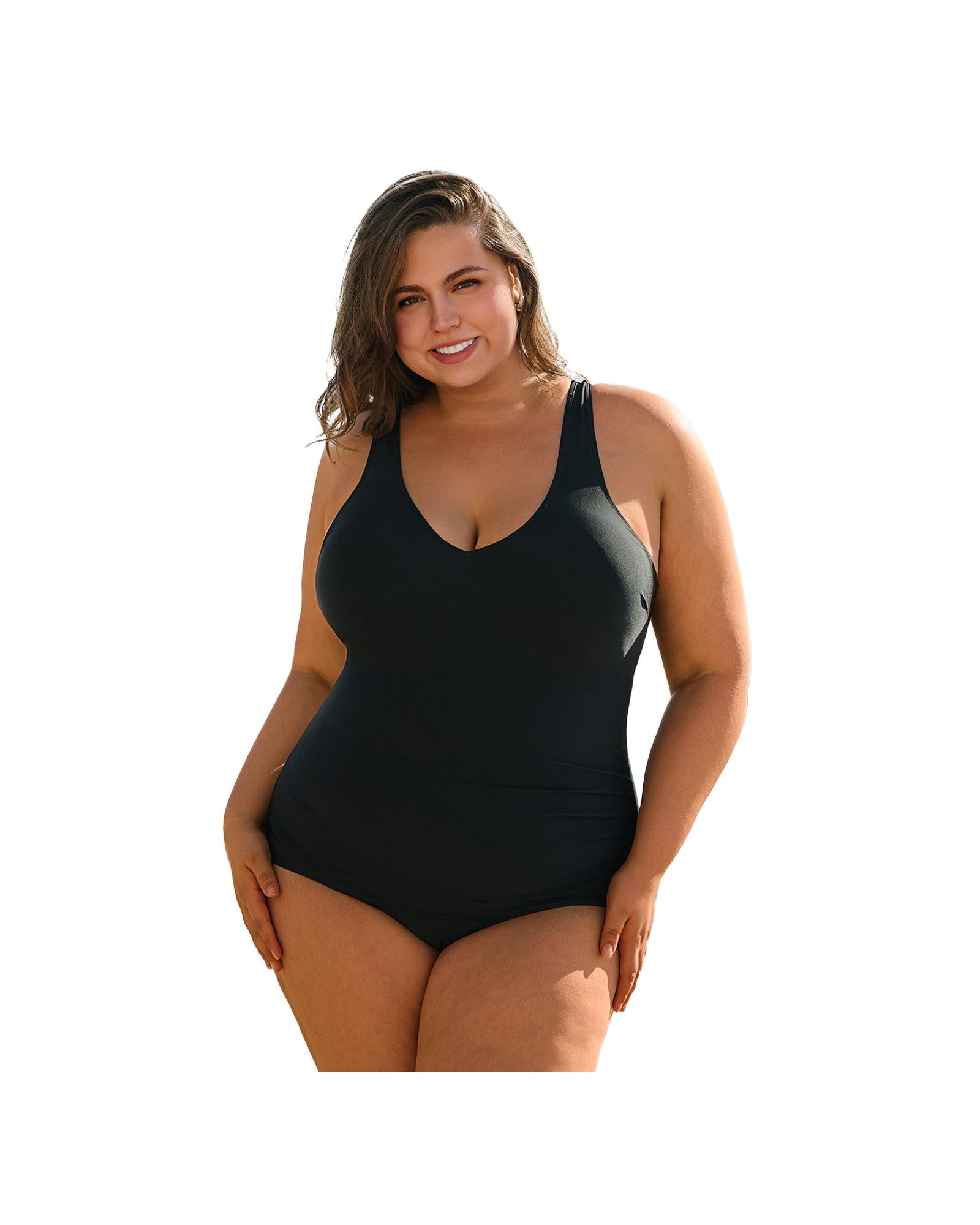 Black Solid Color U Neck Padded Plus Size One Piece Swimsuit - 4X