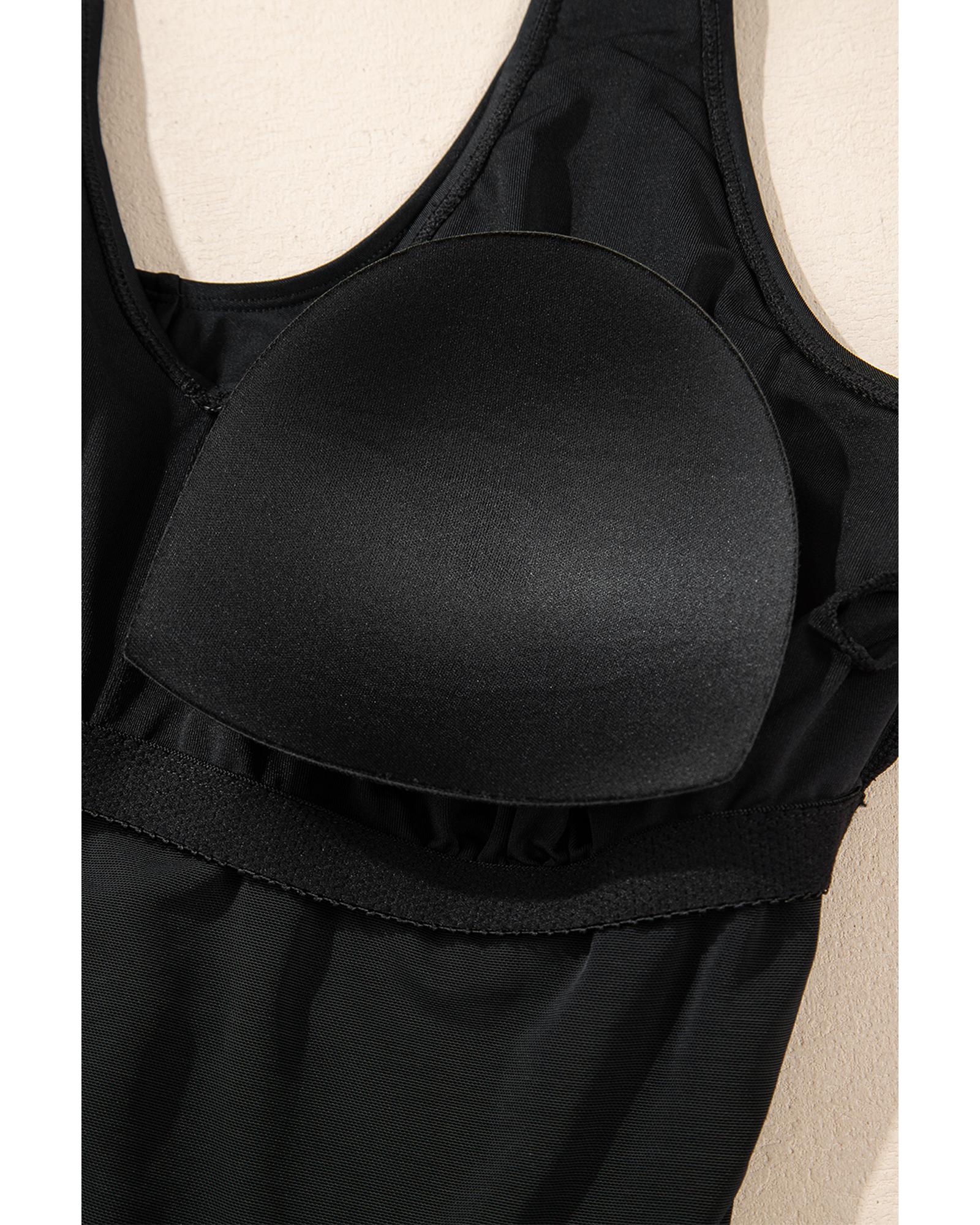 Black Solid Color U Neck Padded Plus Size One Piece Swimsuit - 4X 5