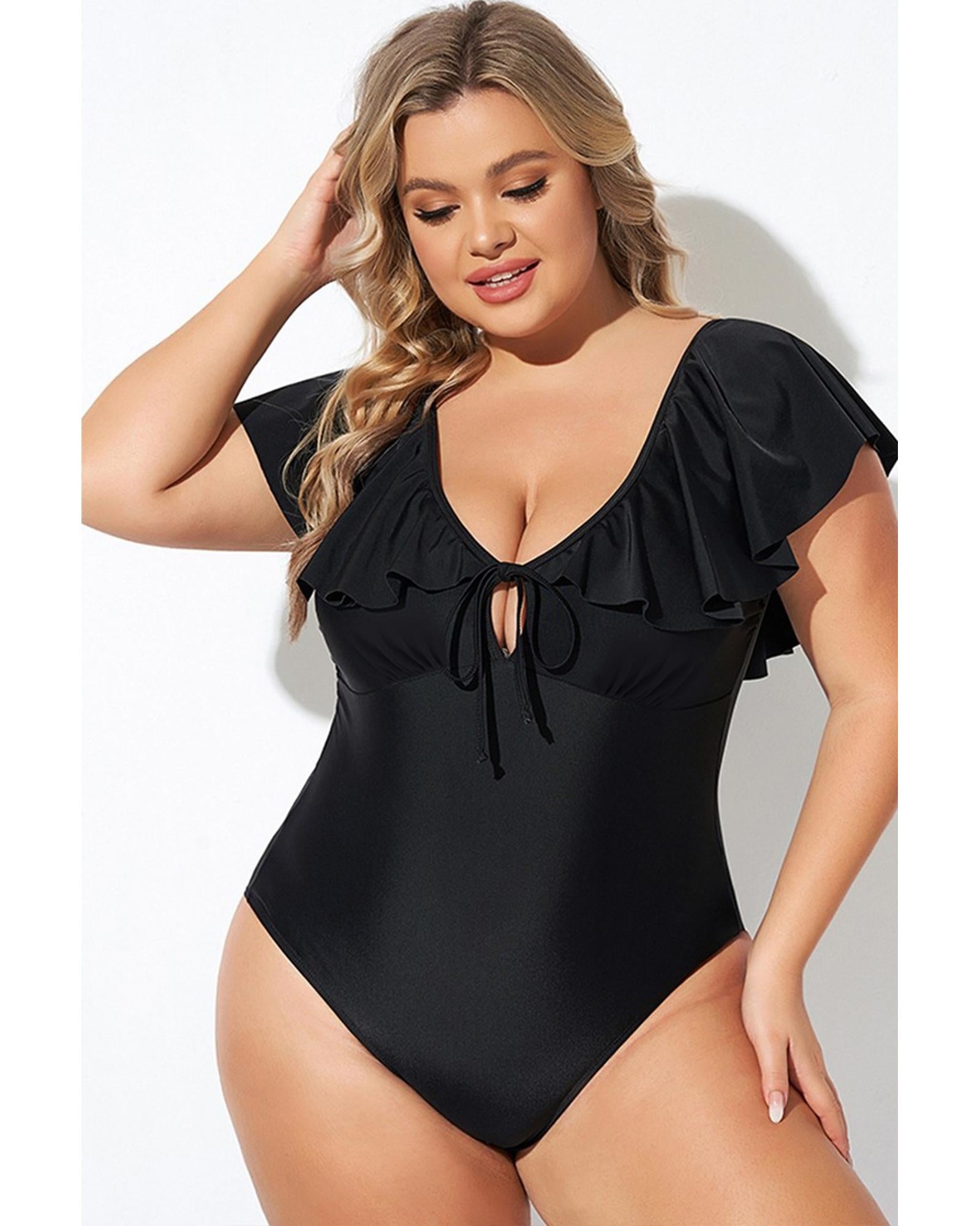 Black Ruffled Sleeve Lace-up V Neck Plus Size One Piece Swimsuit - 4X