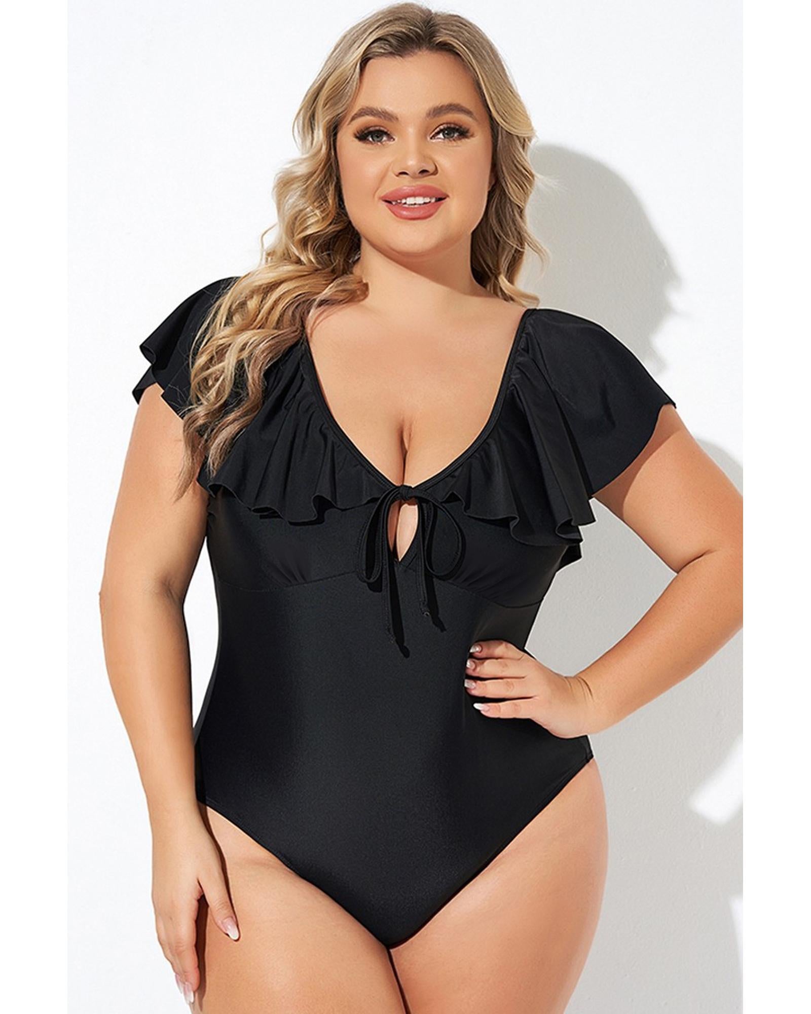 Black Ruffled Sleeve Lace-up V Neck Plus Size One Piece Swimsuit - 4X 3