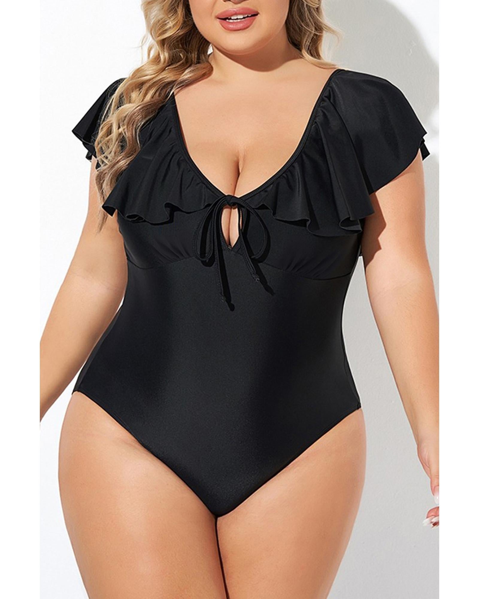 Black Ruffled Sleeve Lace-up V Neck Plus Size One Piece Swimsuit - 4X 4