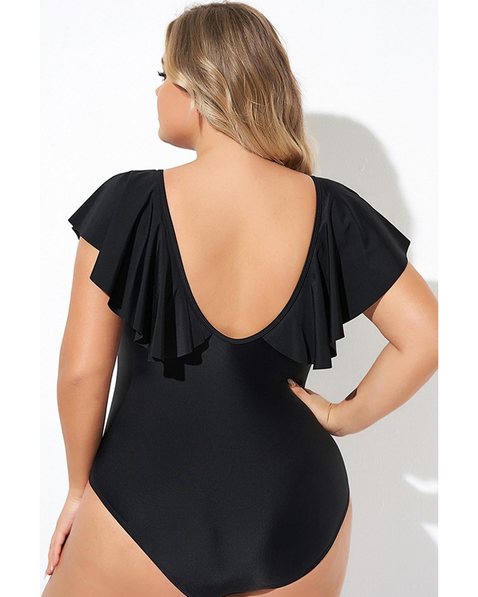 Black Ruffled Sleeve Lace-up V Neck Plus Size One Piece Swimsuit - 4X 5