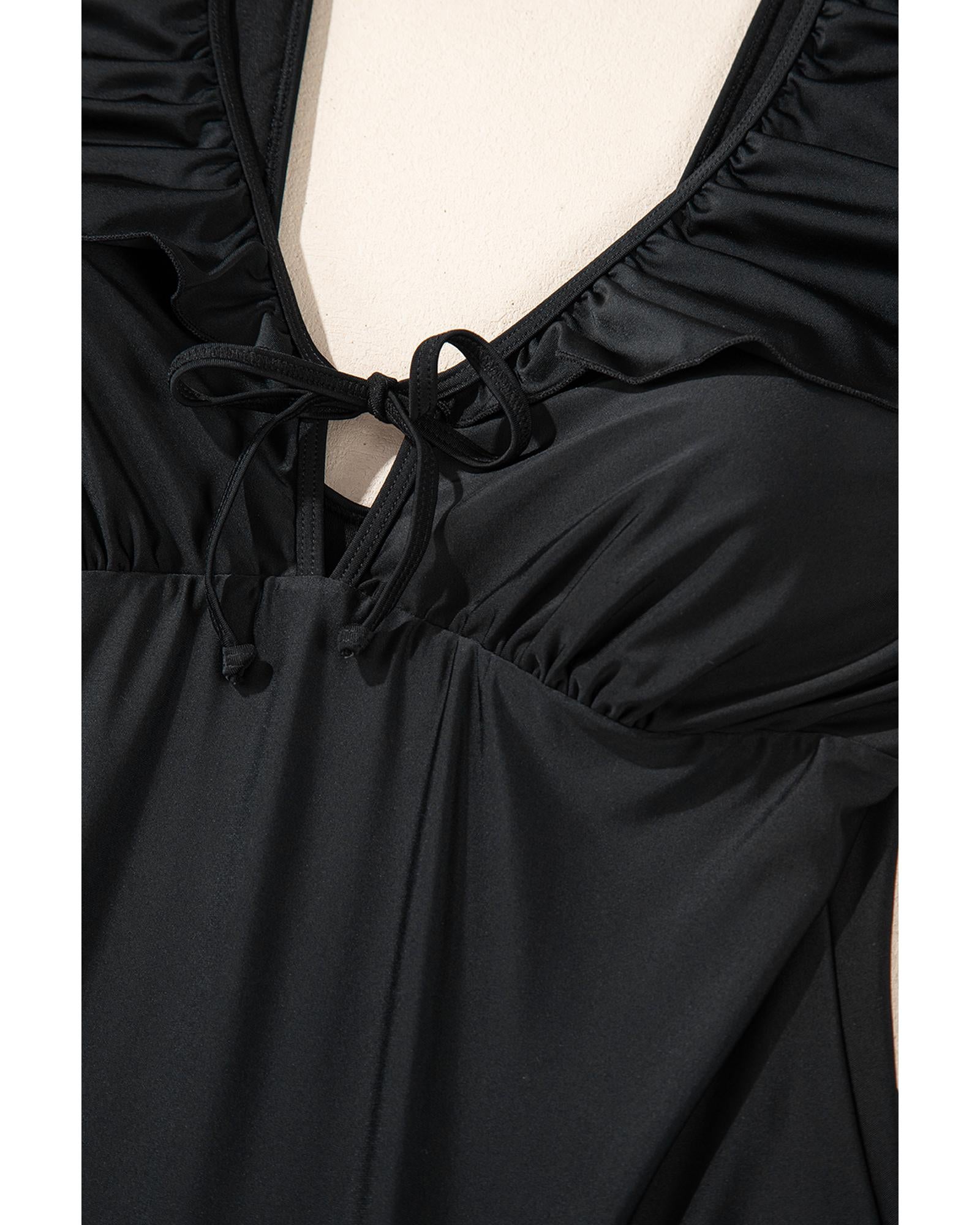 Black Ruffled Sleeve Lace-up V Neck Plus Size One Piece Swimsuit - 4X 6