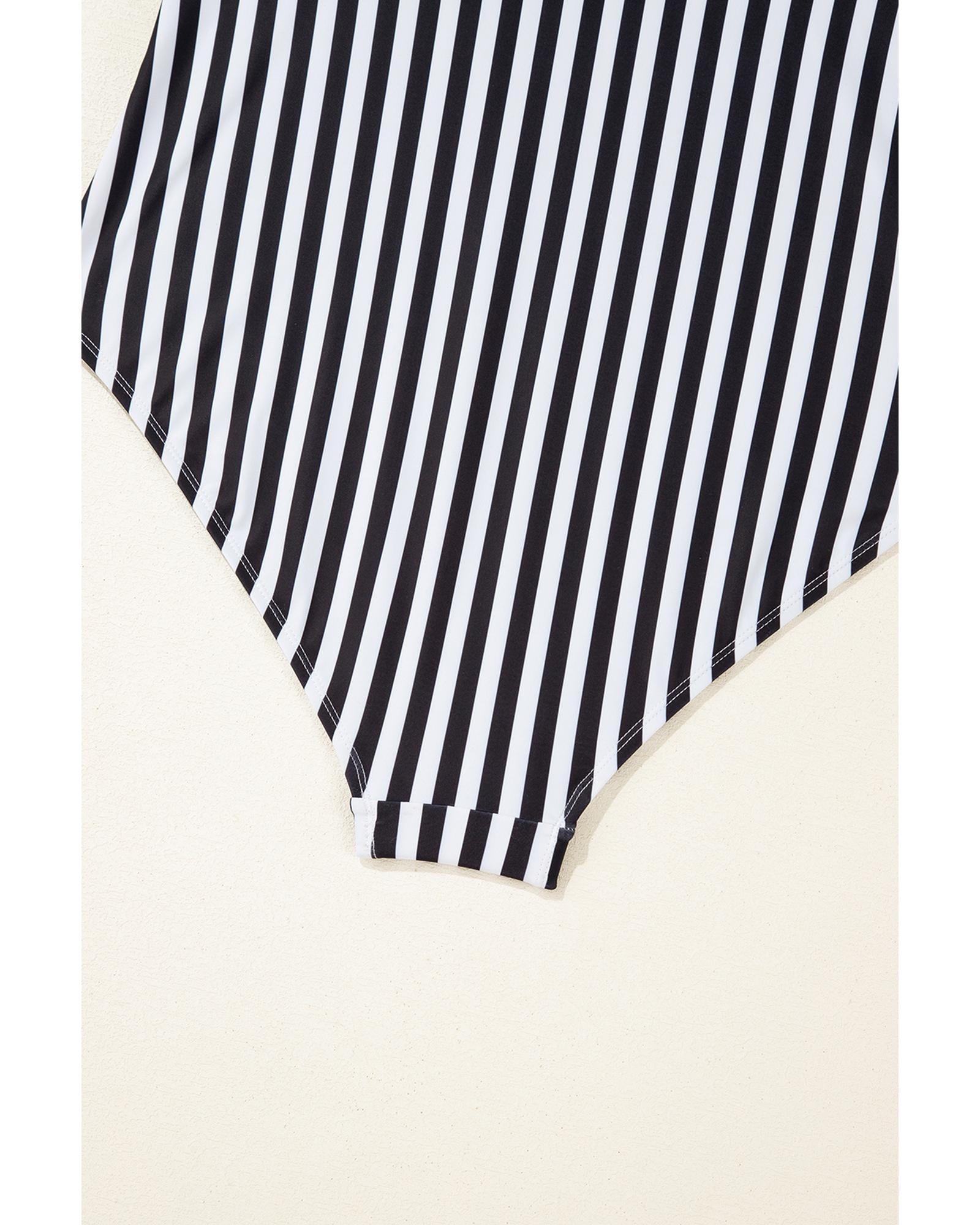 Black Stripe Plus Size Self Tie Straps O-Ring Waistband One Piece Swimsuit - 3X 6