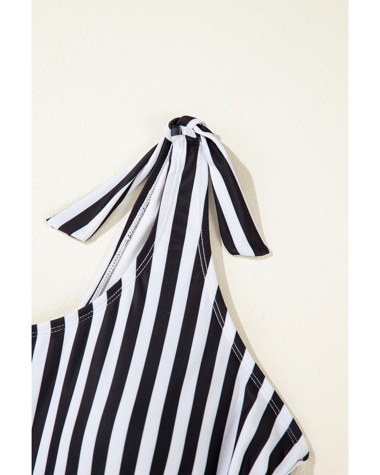 Black Stripe Plus Size Self Tie Straps O-Ring Waistband One Piece Swimsuit - 3X 7